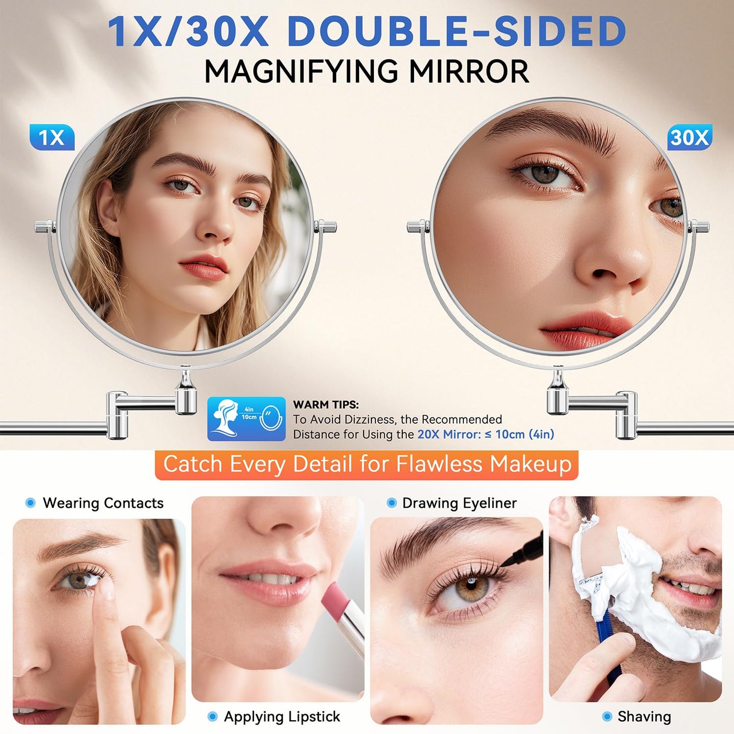 Auxmir 30X/1X Wall Mounted Makeup Mirror, 8" Double-Sided Magnifying Mirror with Tweezers, Bathroom Vanity Makeup Mirror, Cosmetic Mirror with 360° Swivel Extendable Arm, Chrome