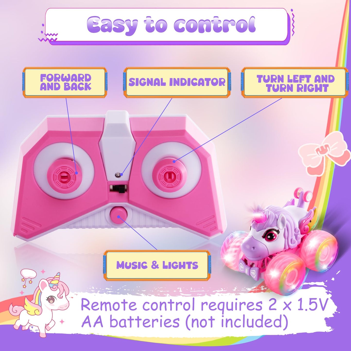 Remote Control Car Unicorn Monster Trucks for Girls 360° Rotating 4WD Stunt RC Cars with LED Lights and Music, 2.4GHz Toy Various Terrain Pink RC Cars Birthday Gifts for Kids Girl Age 3-10 (LY-023)