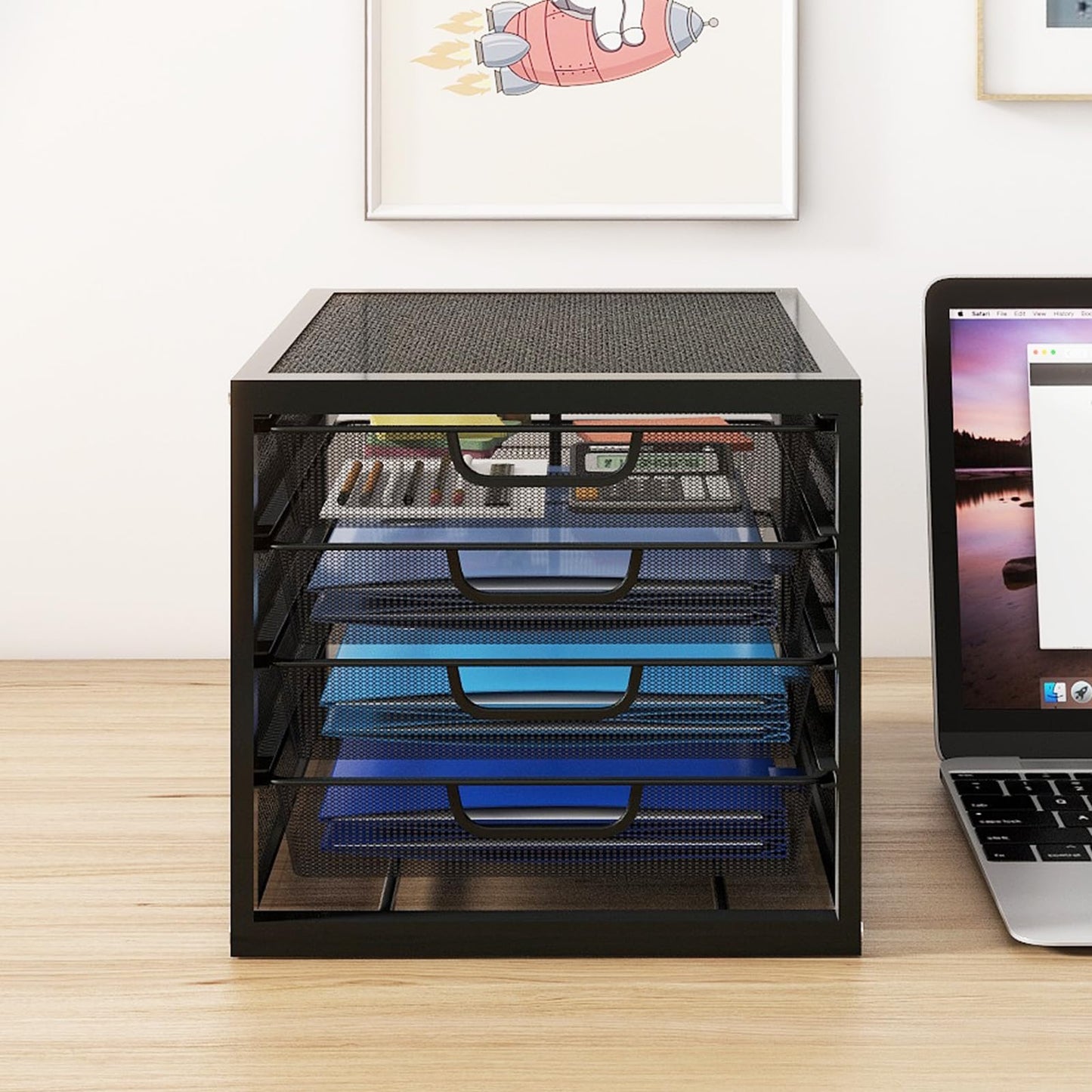 Natwind Mesh Desk Organizer with 4 Tier Sliding Drawers, Paper Sorter, Multi-Functional Home Office Supplies Storage Tray for Letters, Documents, Books, Mail, Files, Arts & Crafts Supplies - Black