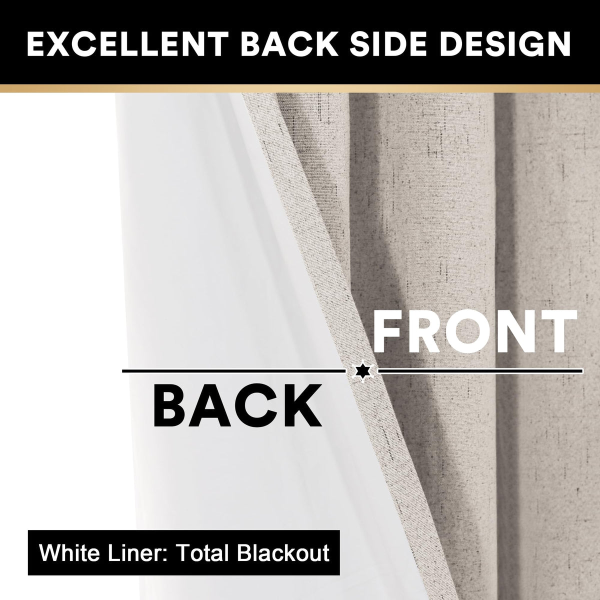 PrinceDeco 100% Blackout Linen Textured Curtains for Bedroom Natural Grommet Room Darkening Curtains & Drapes for Living Room Thermal Insulated with White Liner,2 Panel Sets, 52x96 Inch