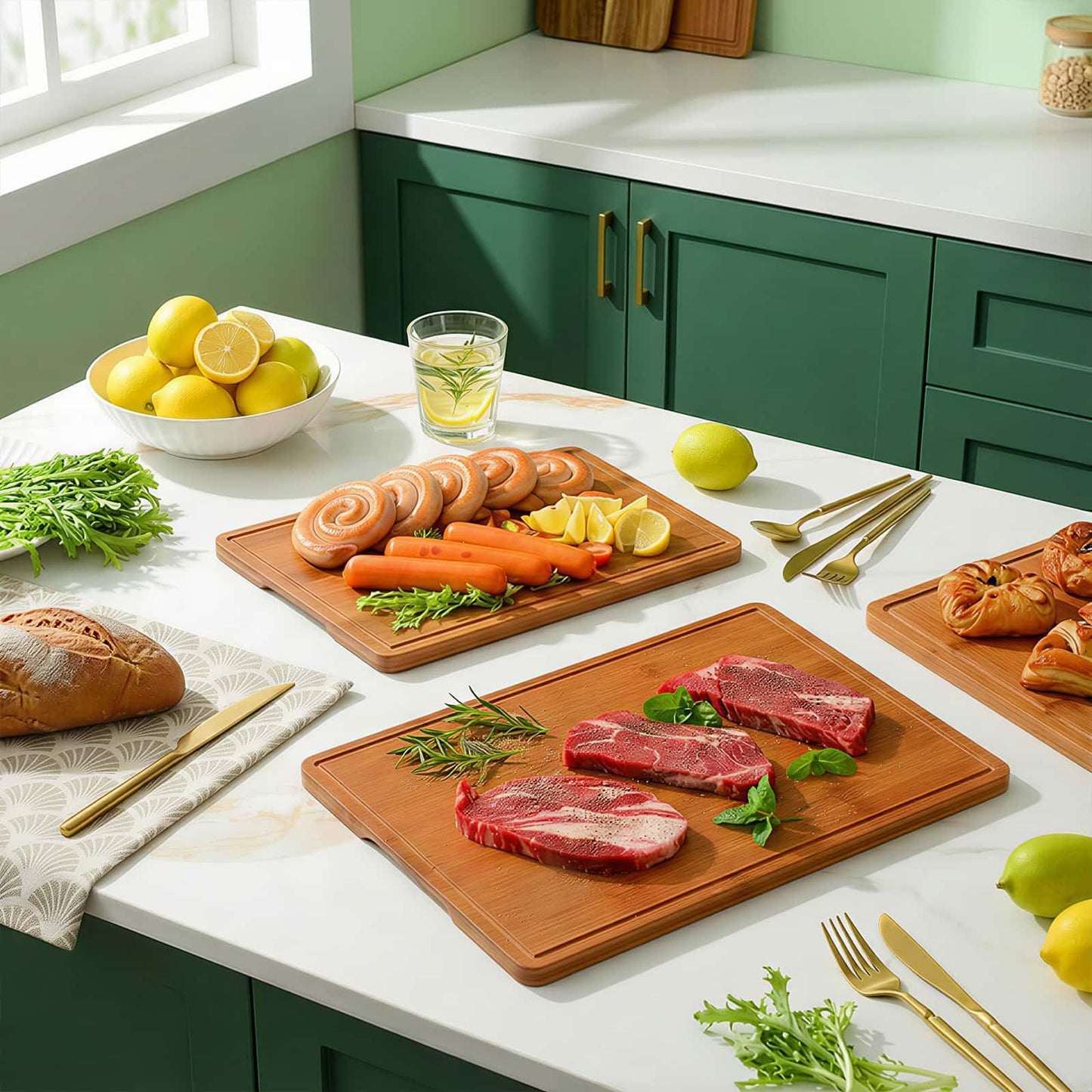 Zarler 3 Pack Bamboo Cutting Boards for Kitchen, 500℉ Carbonized Bamboo Wood Cutting Board with Juice Grooves and Handles, Wooden Chopping Board Set for Meal Prep, XL Size, Ideal Kitchen Gift