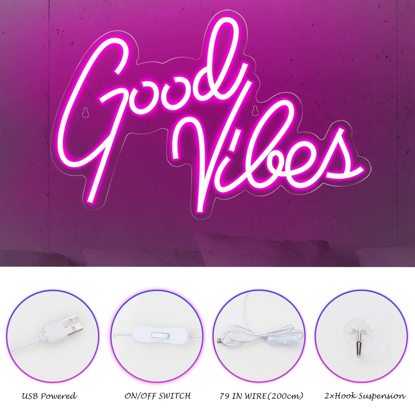Ethereal Lomoer Good Vibes Neon Sign, Neon Signs for Wall Decor, Pink Neon Lights for Bedroom, led neon signs for Room & Party Decor, USB Powered Neon Lights Signs for Lover, Friends