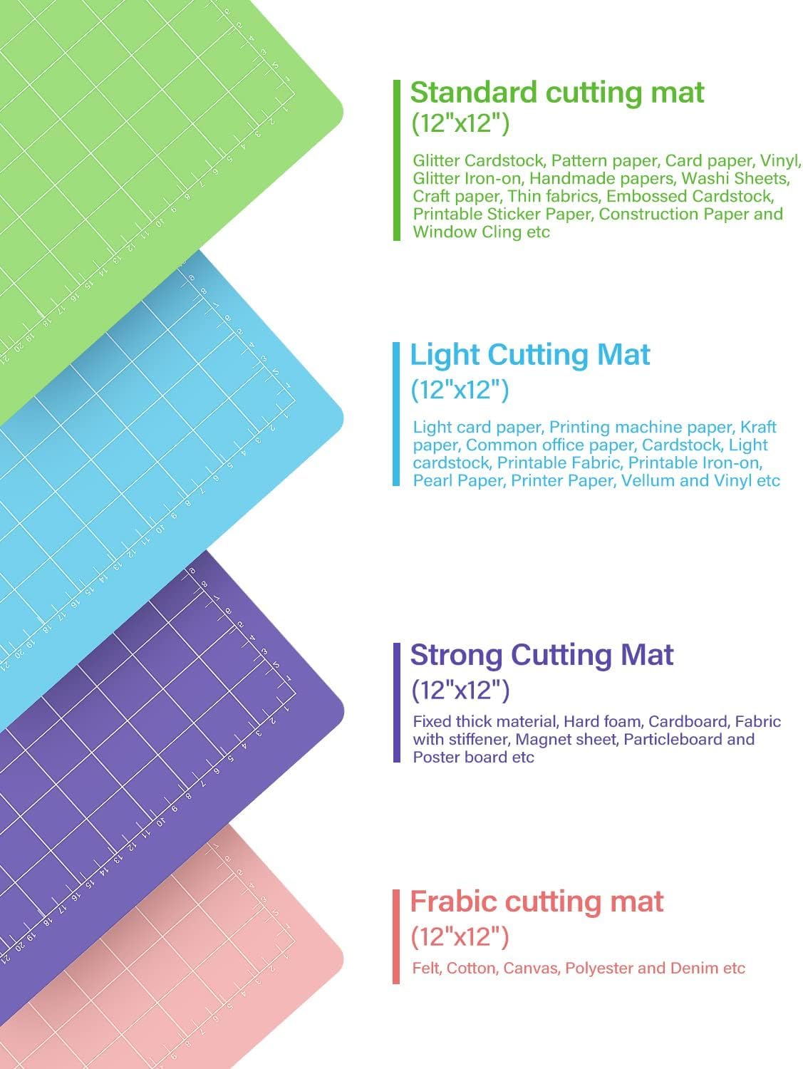 Weliu 12x12 Inch Cutting Mats for Cricut (12 Pack) - Standard/Light/Strong/Fabric Grip - Includes Bonus Hook & Scraper - Compatible with Cricut Maker 3/Maker/Explore 3/Air 2/Air/One & Silhouette