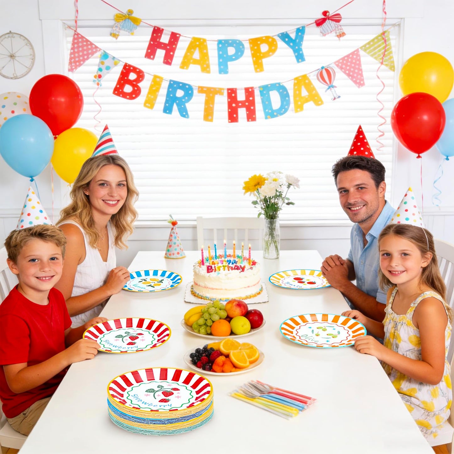 AnyDesign 40Pcs Italian Summer Paper Plates Party Plates 9 Inch Cute Fruit Striped Disposable Dinner Dessert Plate for Birthday Baby Shower Party Supplies