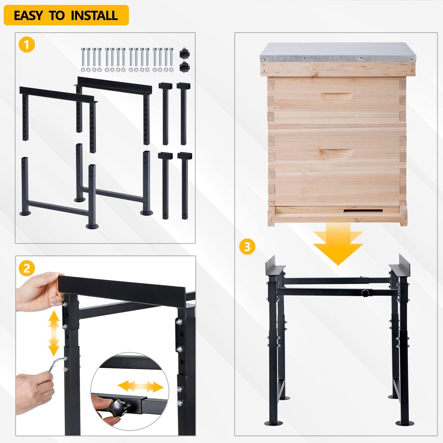 Neorexon Adjustable Metal Hive Stand, Adjustable Height(16.1”-20.9) Hive Stand Frame, Adjustable Width(15”-19”) Bee Hive Frame Stands
