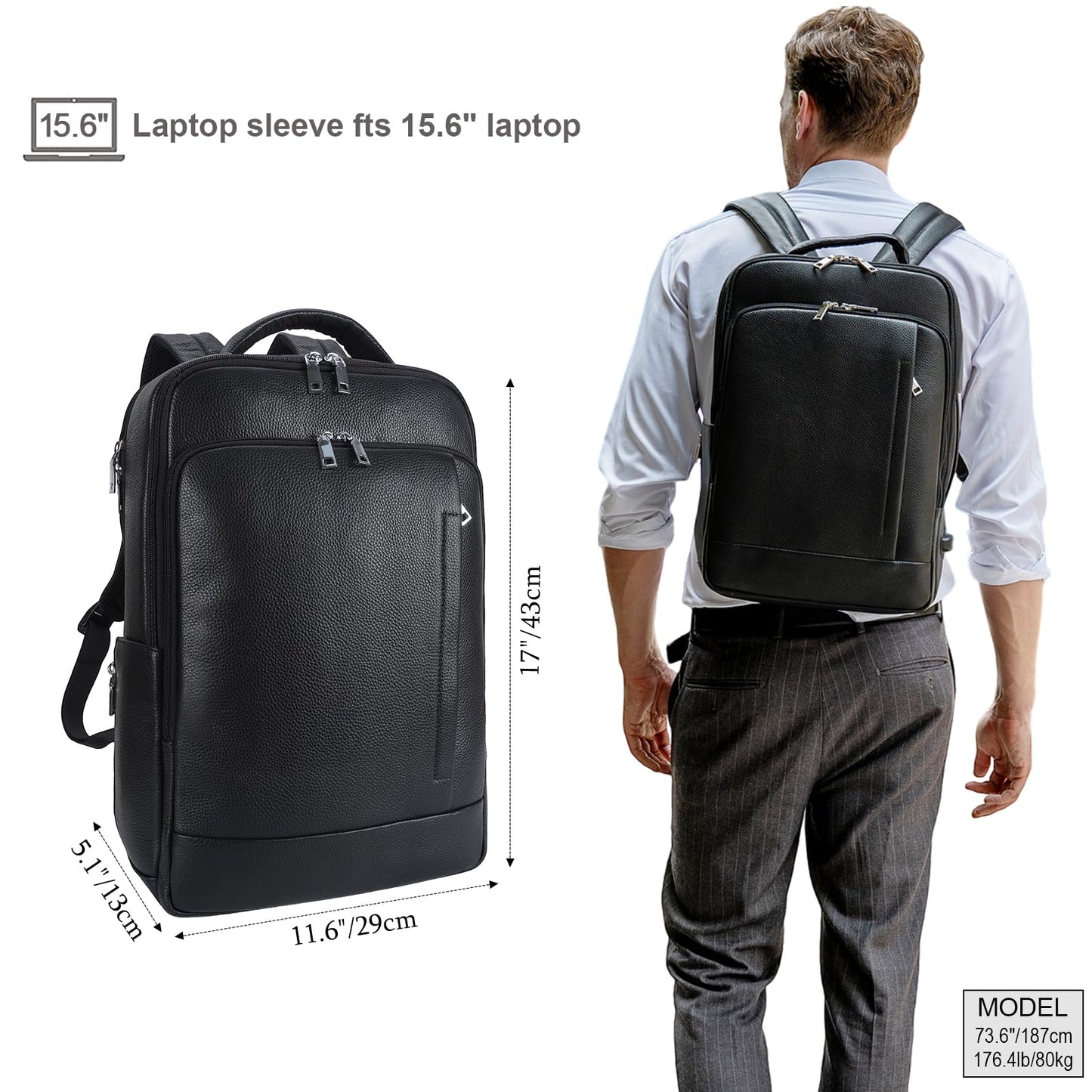 TIDING Men's Genuine Leather Expandable Backpack 15.6 Inch Laptop Bag Slim Work Business Daypack with USB Charging Port