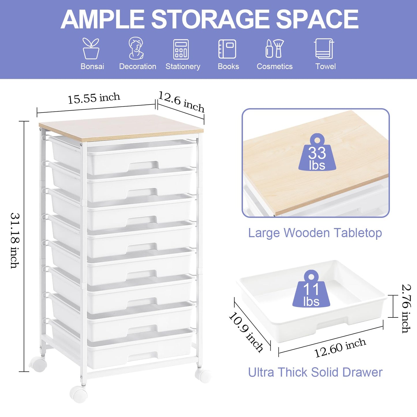 SYKIARIOL Utility Cart with 8 Drawer,Rolling Storage Cart with Wooden Tabletop and Lockable Wheels,Storage Drawer Cart with Large Capacity, 8 Tiers Drawer Cart for Home Office,Nature White