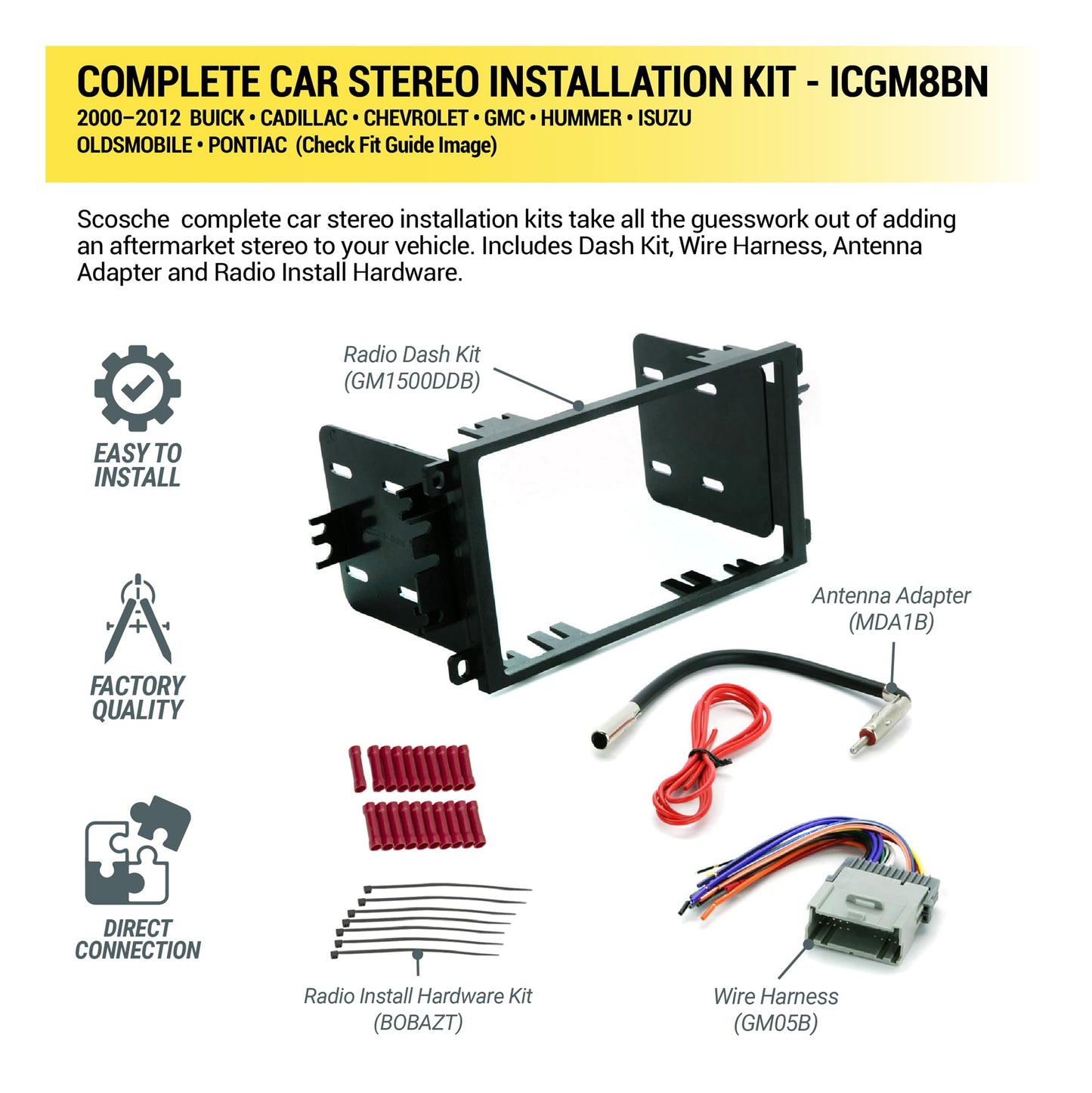 Scosche ICGM8BN Double DIN Radio Installation Dash Kit Compatible with Select 1992-2012 General Motors Vehicles - Complete Basic Aftermarket Car Stereo Install Kit - See Fit Guide Image for Vehicles