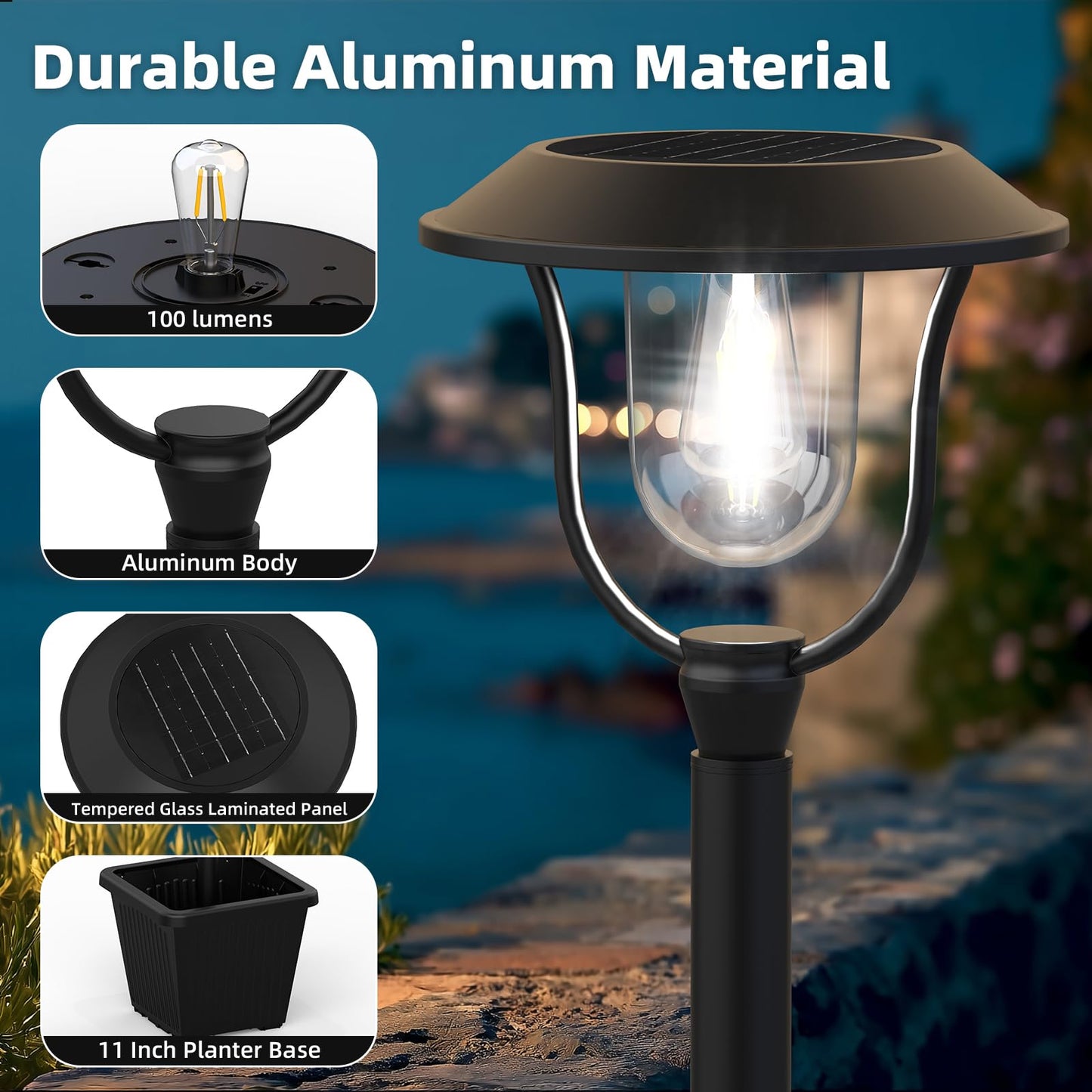 75" Solar Lamp Post Light with Planter, 100 Lumens Waterproof Aluminum Solar Outdoor Light, Auto On/Off Lamp Post for Garden Yard Patio Outdoor Space Decor - Cool White 6000K