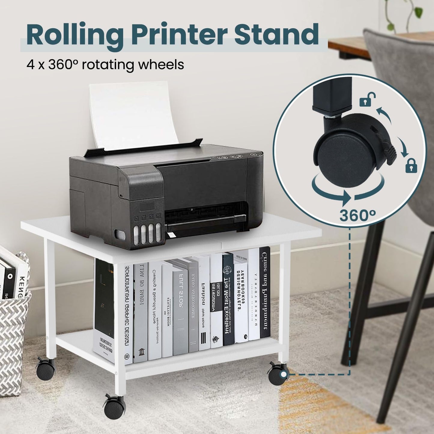 Printer Stand with Storage Under Desk Shelf, Desktop Printer Stand Organizer, Rolling Printer Cart Storage Paper Files Holder for Desk, Office, Home (White)