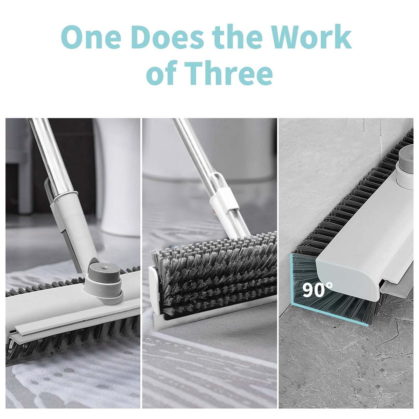 Floor Scrub Brush with Long Handle, 3 in 1 Scrape and Heavy-Duty Stiff Bristle Scrubber Brush for Cleaning Shower Bathroom, Patio, Garage, Kitchen, Wall and Deck