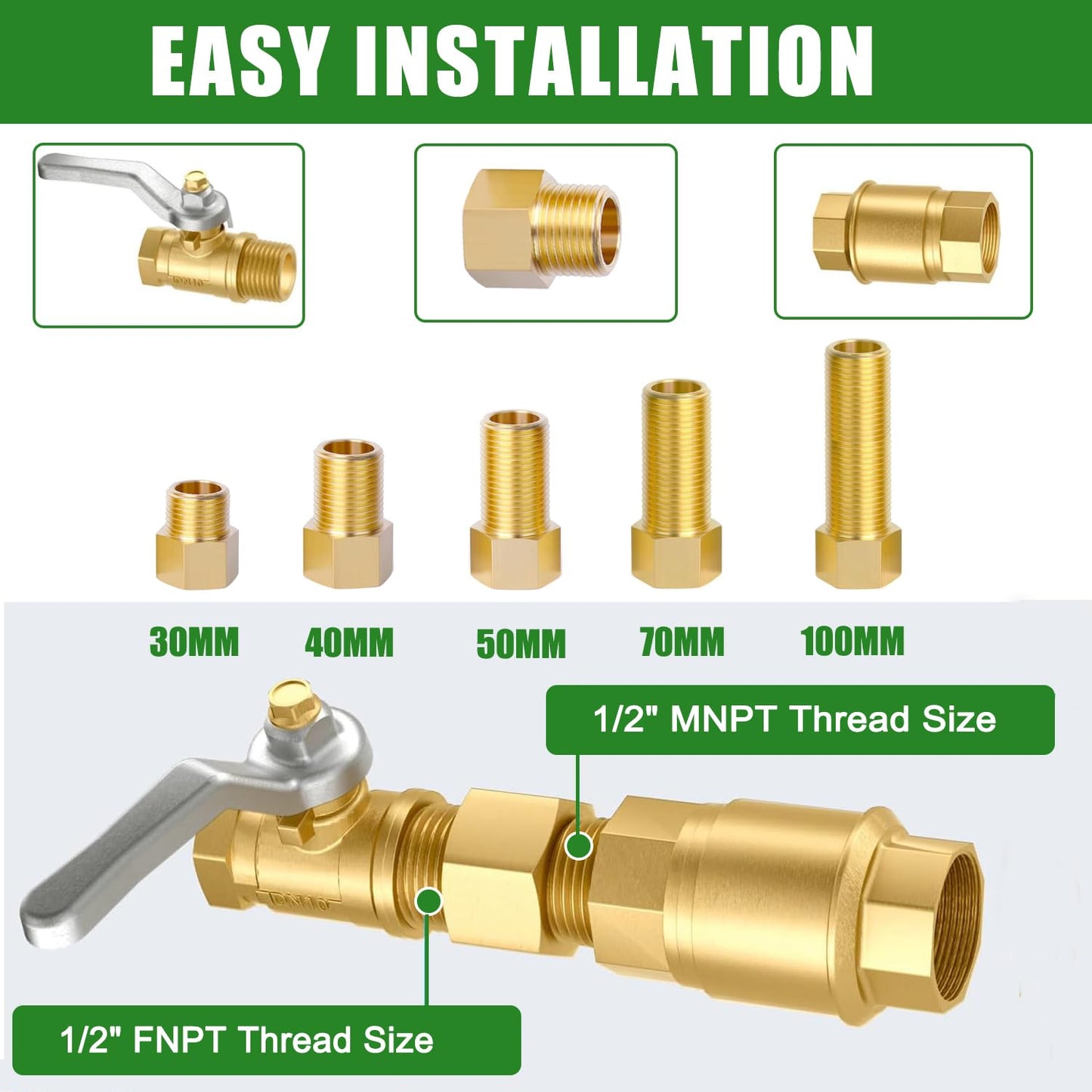 1/2" Brass Pipe Extension Fitting, 1/2" Female to 1/2" Male Pipe Connector Fitting, Brass Hex Bushing Adapter Reducer Adapter for Tub Spout/Shower with Teflon Tape, Length 30/40/50/70/100MM (5PCS)