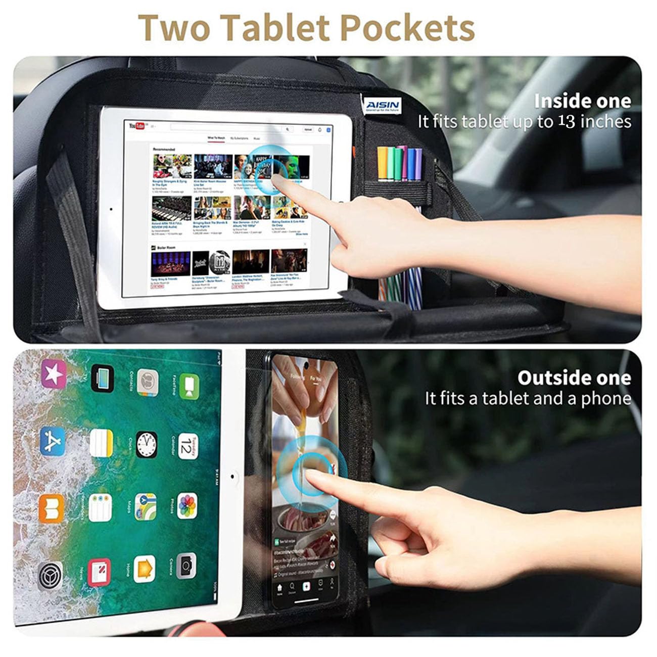Meirenda 2 Pack Car Backseat Organizer with Foldable Food Tray, Multi-Pocket Multifunctional Hanging Car Storage Organizer Bag with Tablet Holder, Kids Car Kick Mats Seat Back Protector for Travel