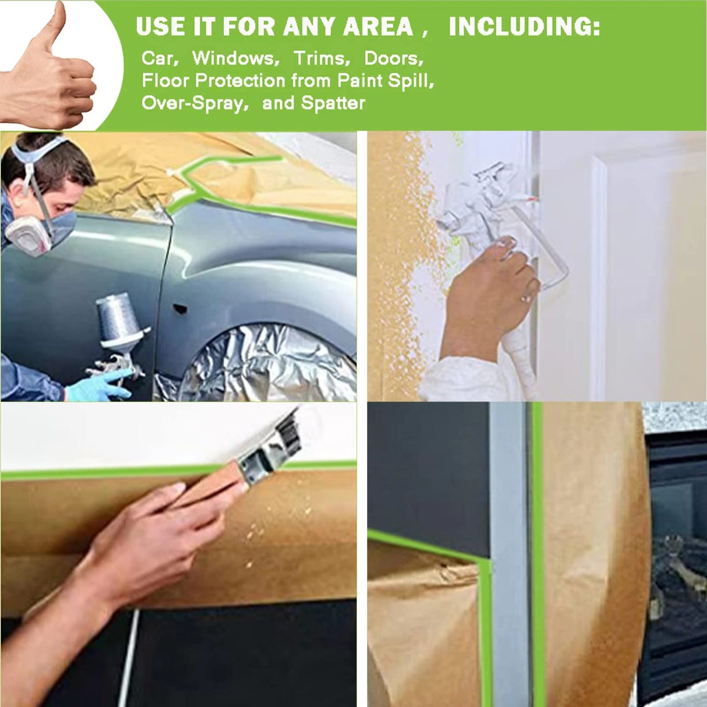 Pre-Taped Masking Paper for Painting-24 inch x 50 feet Tape and Drape for Painting, Painters Paper for Automotive Paint Masking, Floor Protection,Wall Covering（3 Rolls）