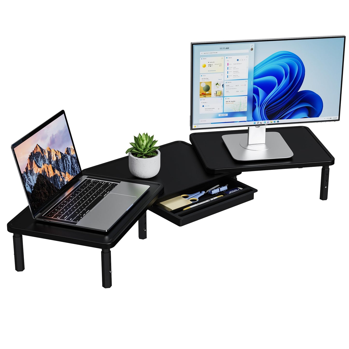 ETHU Dual Monitor Stand Riser for Desk - 3 Adjustable Height Computer Desk Organizer with Storage Drawer, Fits 2 Monitors Laptop Printer, 29.5-40.7 Inch Horizontal Extendable Rotating Office Stand, Black