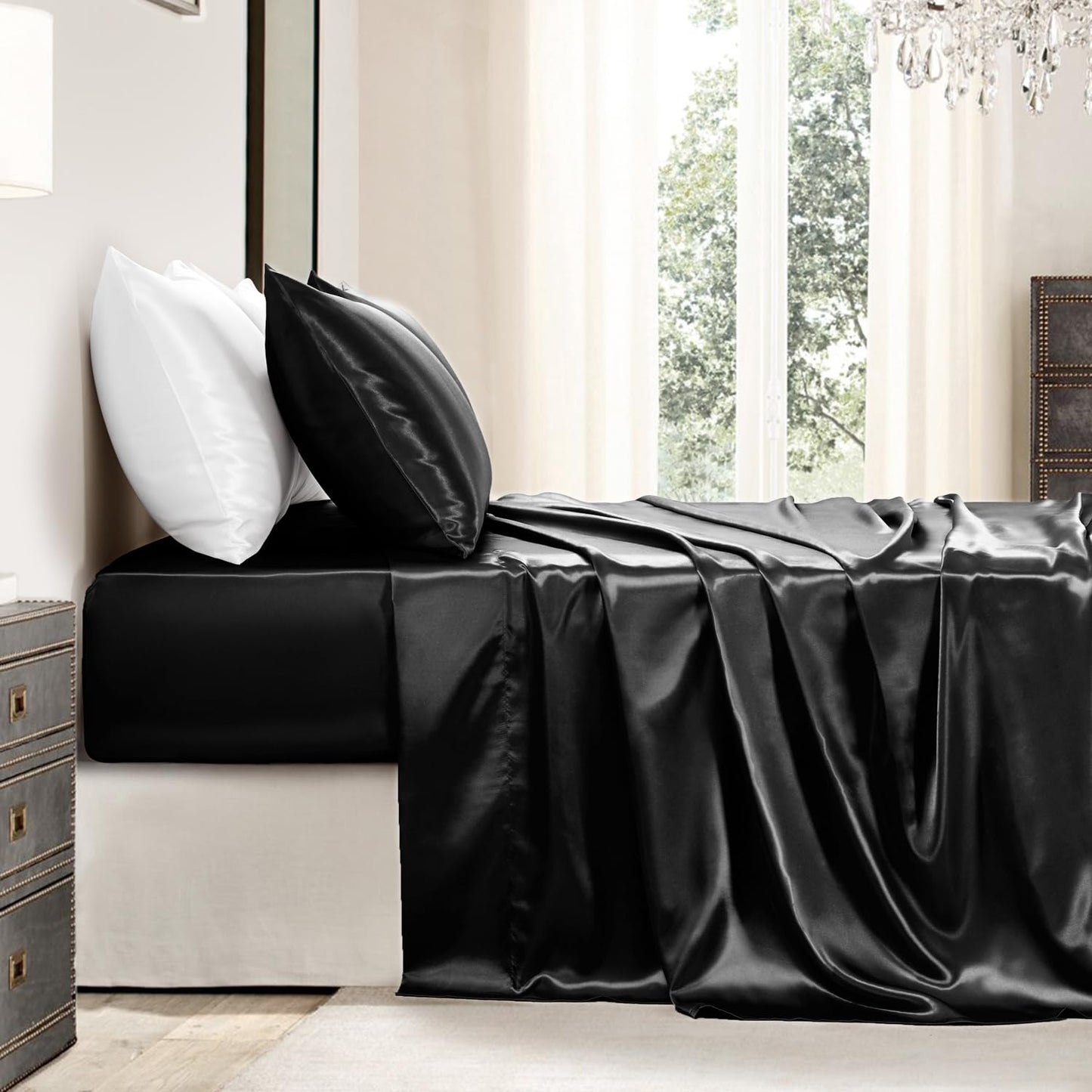 GOLAL Satin Sheets Queen Size - 4 Pieces Luxury Silky Soft Bed Sheets, Wrinkle-Free Black Satin Silk Sheet Set with 1 Deep Pocket Fitted Sheet, 1 Flat Sheet, 2 Pillow Cases