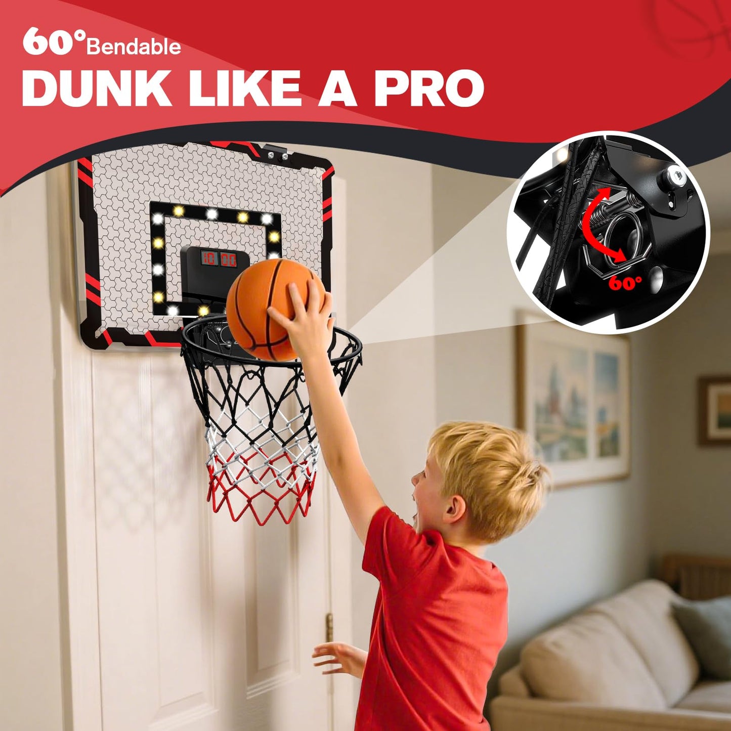 Basketball Hoops for Kids (4-12 Years Old), Indoor Basketball Hoop Wall Mounted with LED Lighting, Over The Door Basketball Hoop with Scoreboard & 3 Balls, Mini Hoops Basketball for Kids Toys