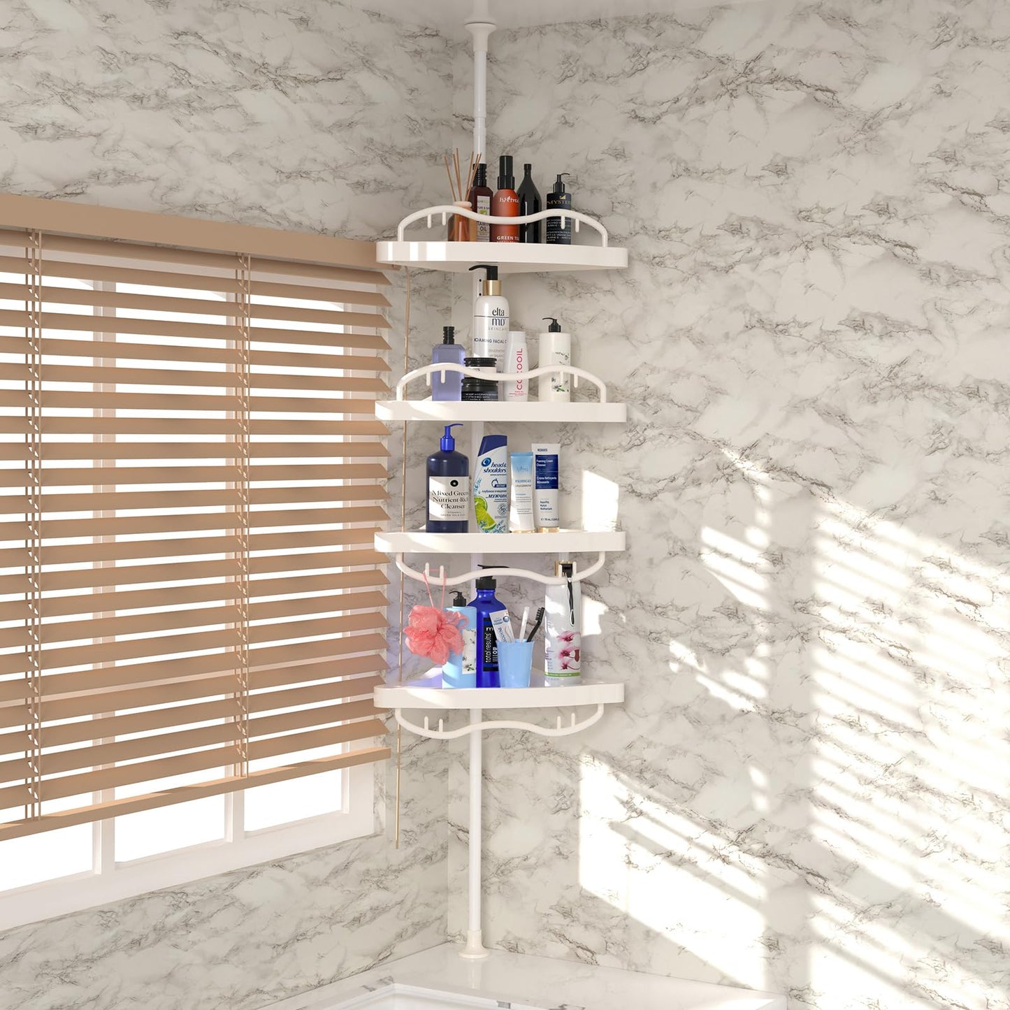 CALCHELE Shower Caddy Corner for Bathroom, Rustproof Bathtub Shower Storage Organizer for Shampoo Accessories, 4-Tier Adjustable Shelves with Tension Pole, 54 to 114 Inch White