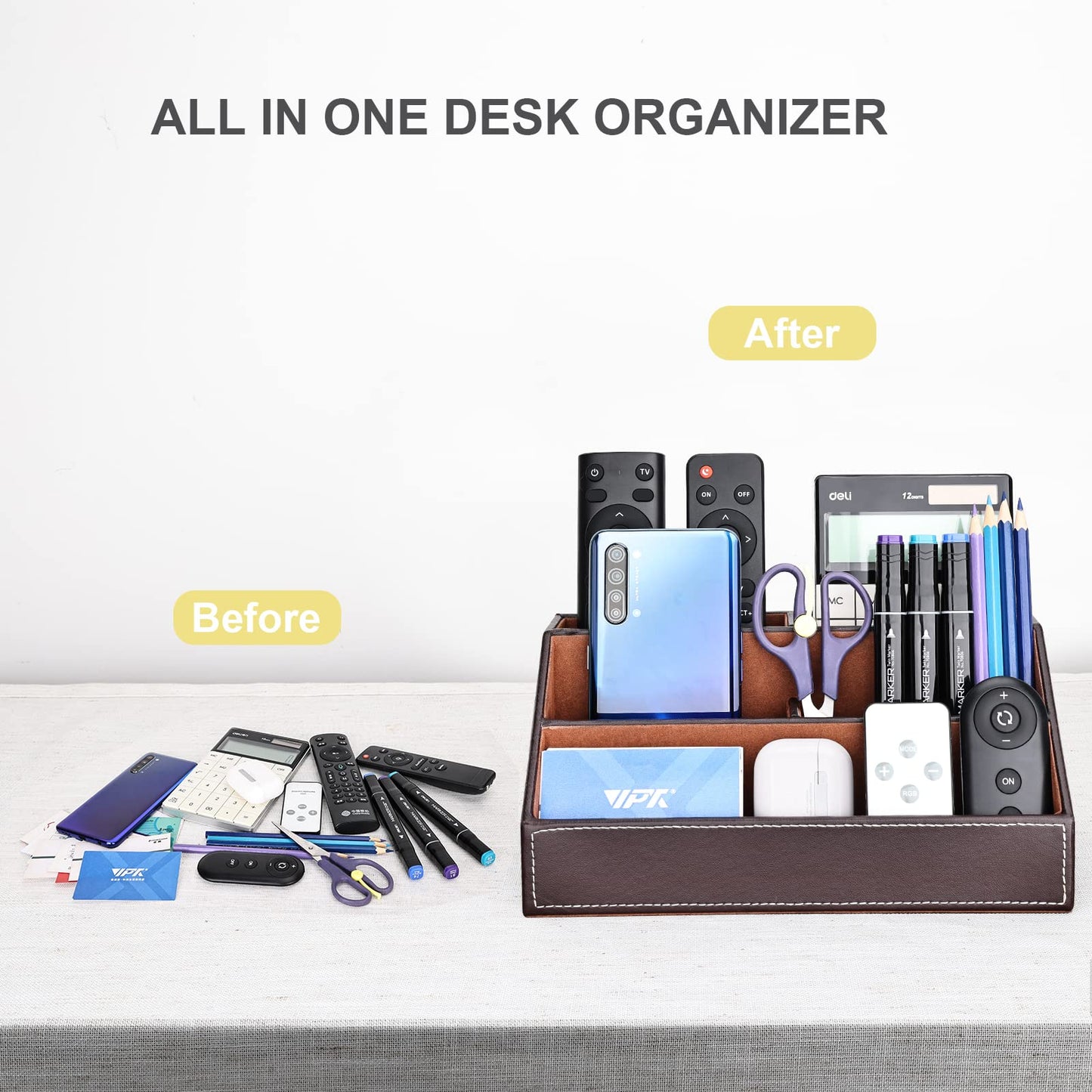 KINGFOM Leatherette Multi-Function Desk Organizer Storage Box, 5 Compartments Office Supplies Caddy, Pen/Pencil, Cell Phone, Business Name Cards, Note Paper, Remote Control Holder Organizer
