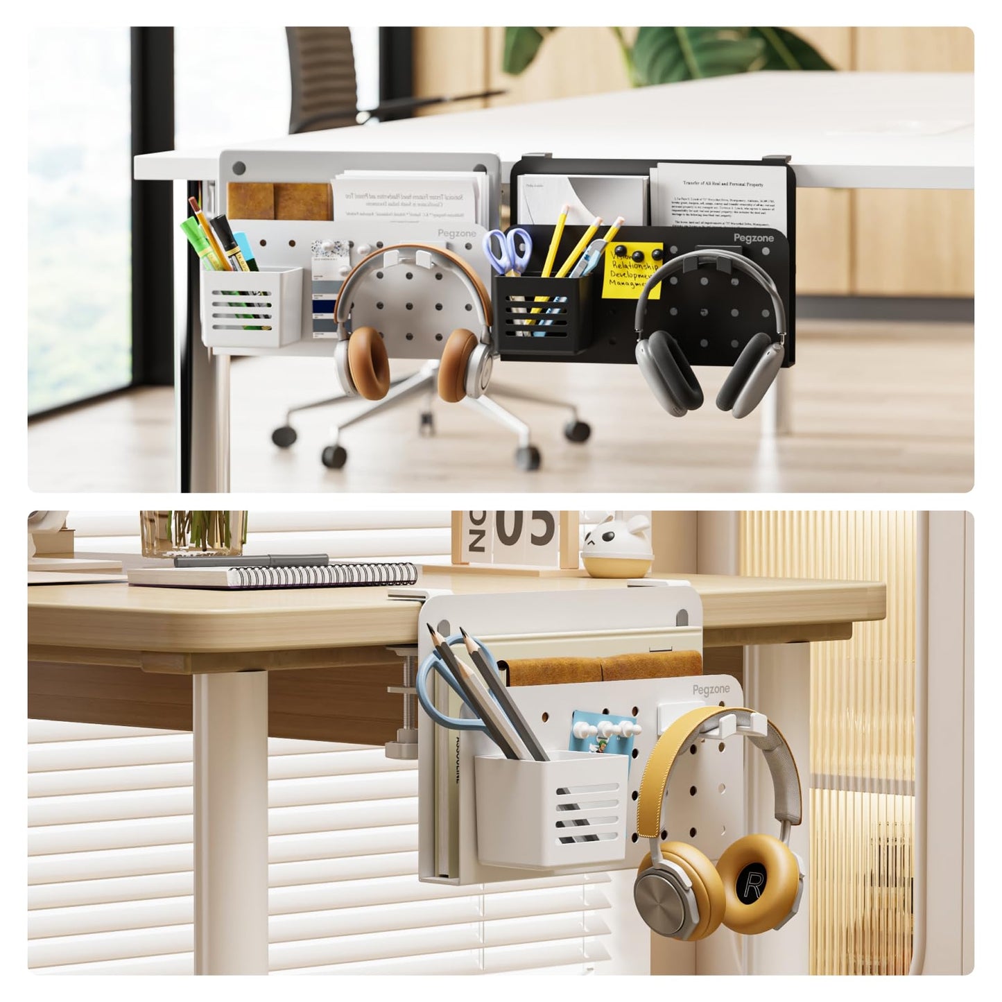PEGZONE Desk Side Storage Organizer, No Drill Under Desk Laptop Holder, Clamp on Desks Shelf with Pegboard Accessories, Hanging Laptop Mount, Fits Flat Edge 0.4" to 2.2", White