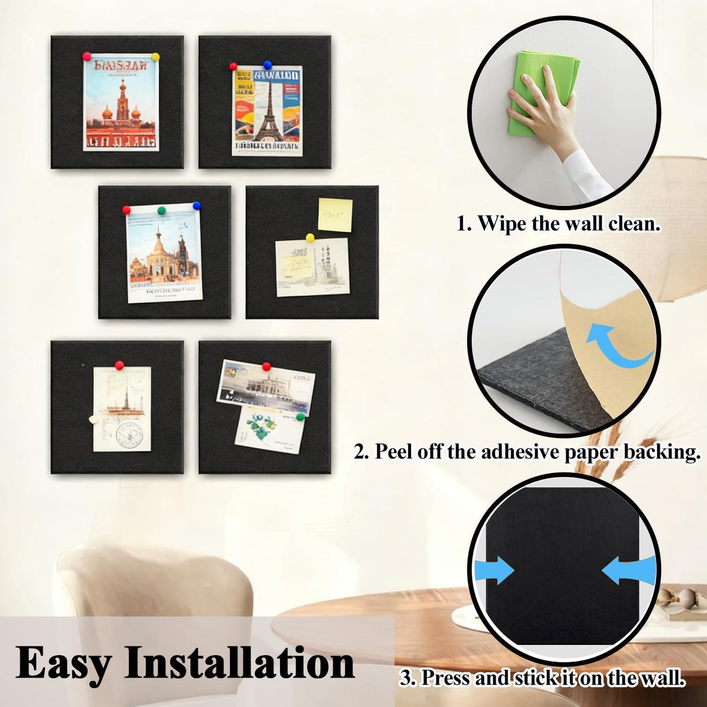Large Cork Board for Walls, 12 Packs Black Felt Wall Tiles with 35 Pushpins, 48" X 36" Large Bulletin Board, Removable Cork Board Alternative for Home School Office Wall Decor (Black, Square-12pcs)