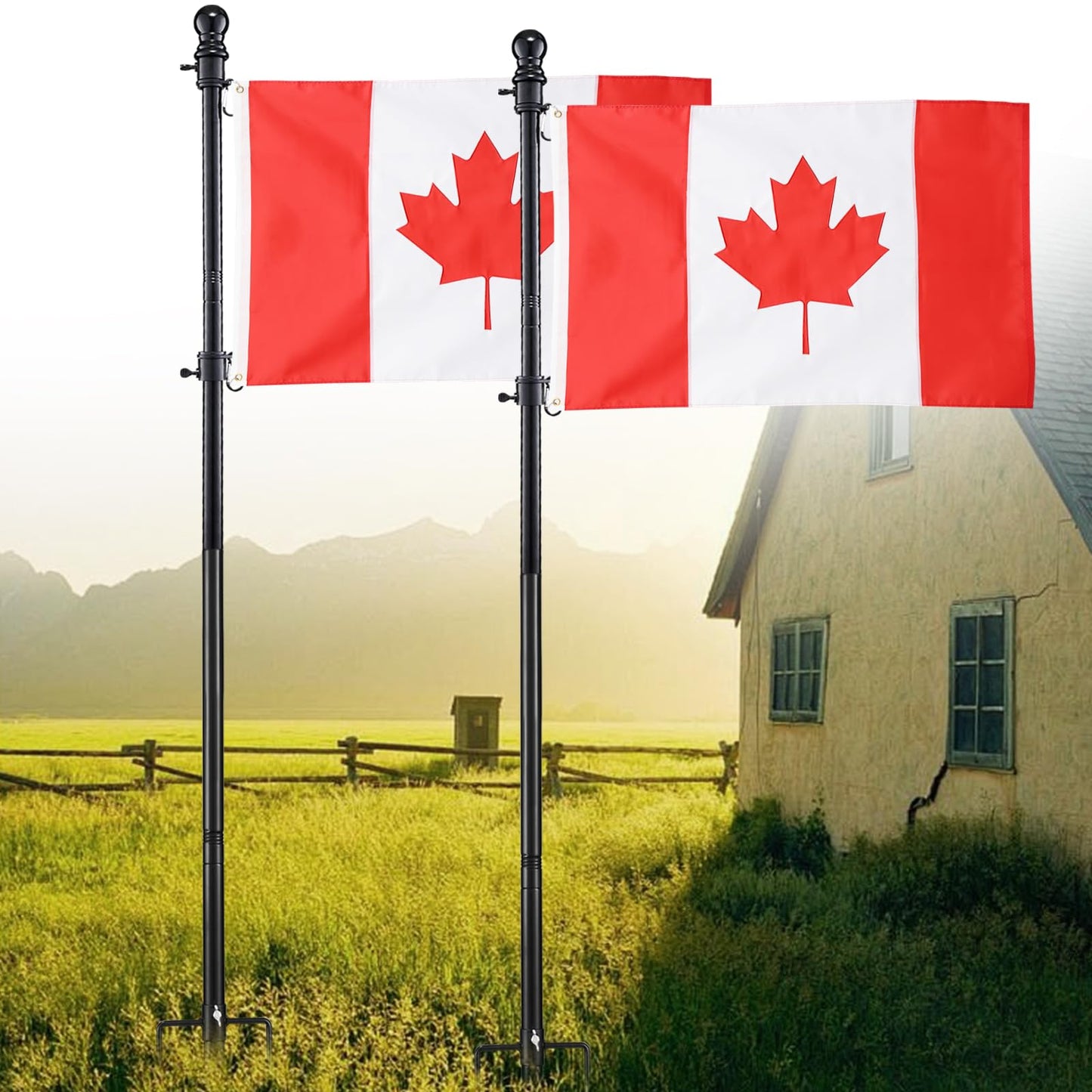 Ground Flag Poles for Outside House inground 2 Pack, 90 inch Black Heavy Duty Flag Pole Kit with 3x5ft Canada Flag, 2 Pronges Base and Tangle Free Flagpole Rings for Outdoor