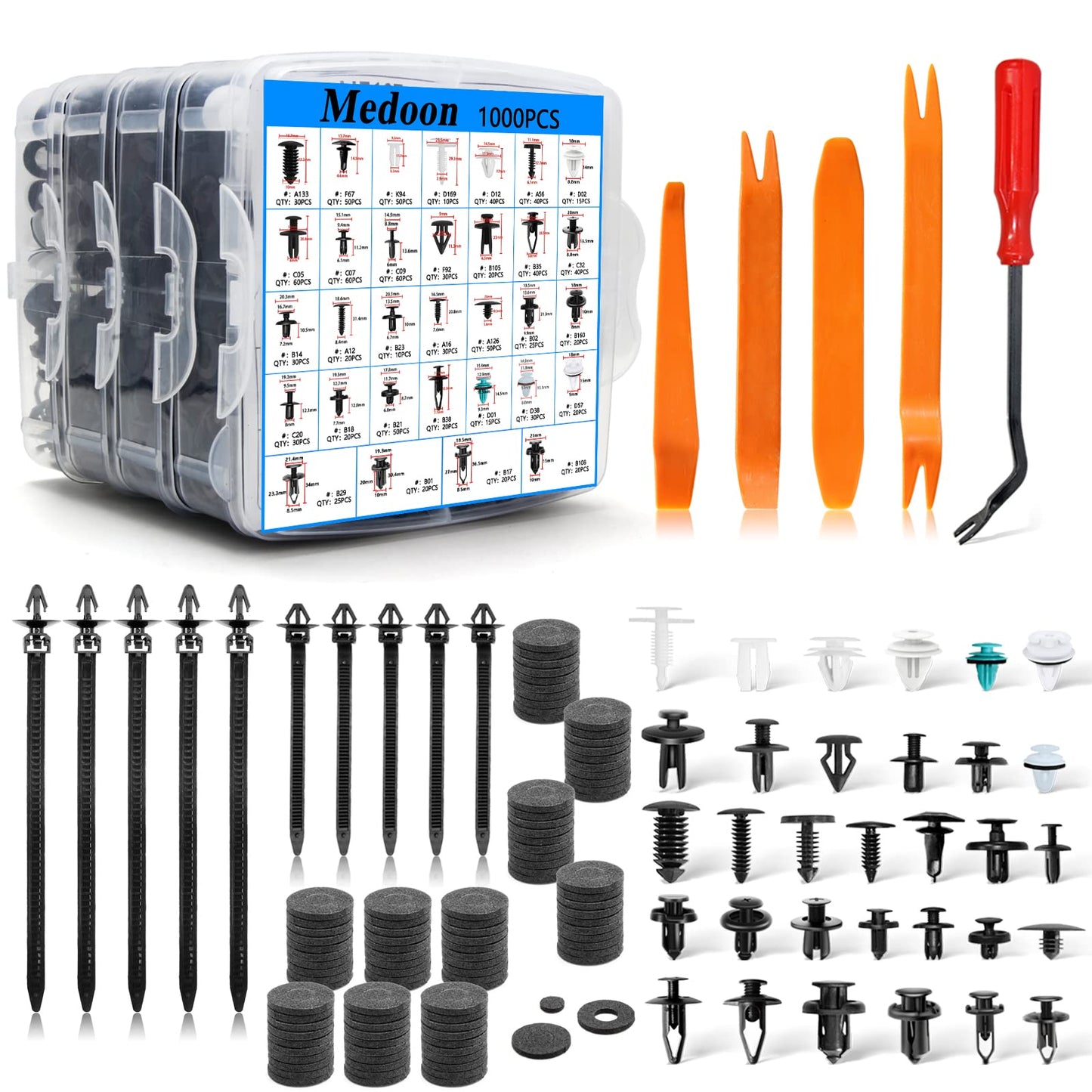 Medoon Car Retainer Clips 1115PCS 32 Most Popular Sizes Fasteners Automotive Plastic Clips with 10 Cable Ties 1 Clip Remover for Ford GM Toyota Honda Chrysler BMW Benz Nissan Subaru Audi Mazda