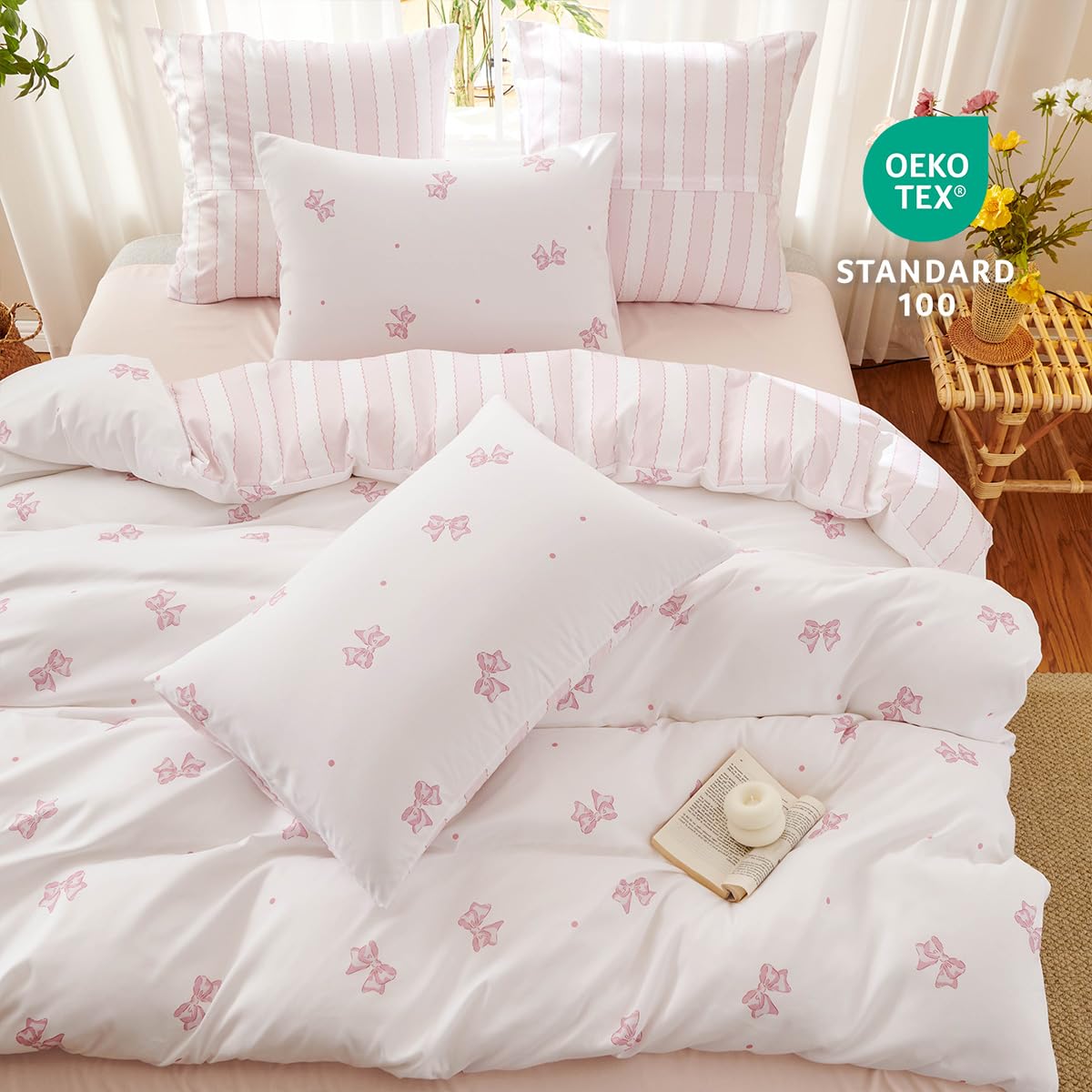 Bildenly White Comforter Set Full Size - Pink Bow Quilt Bedding Set 3 Pieces, Sripes Comforter Set Full, Soft Comforter(79‘’ x 90‘’) for Girl All Season & 2 Pillowcases(30‘’x20‘’)