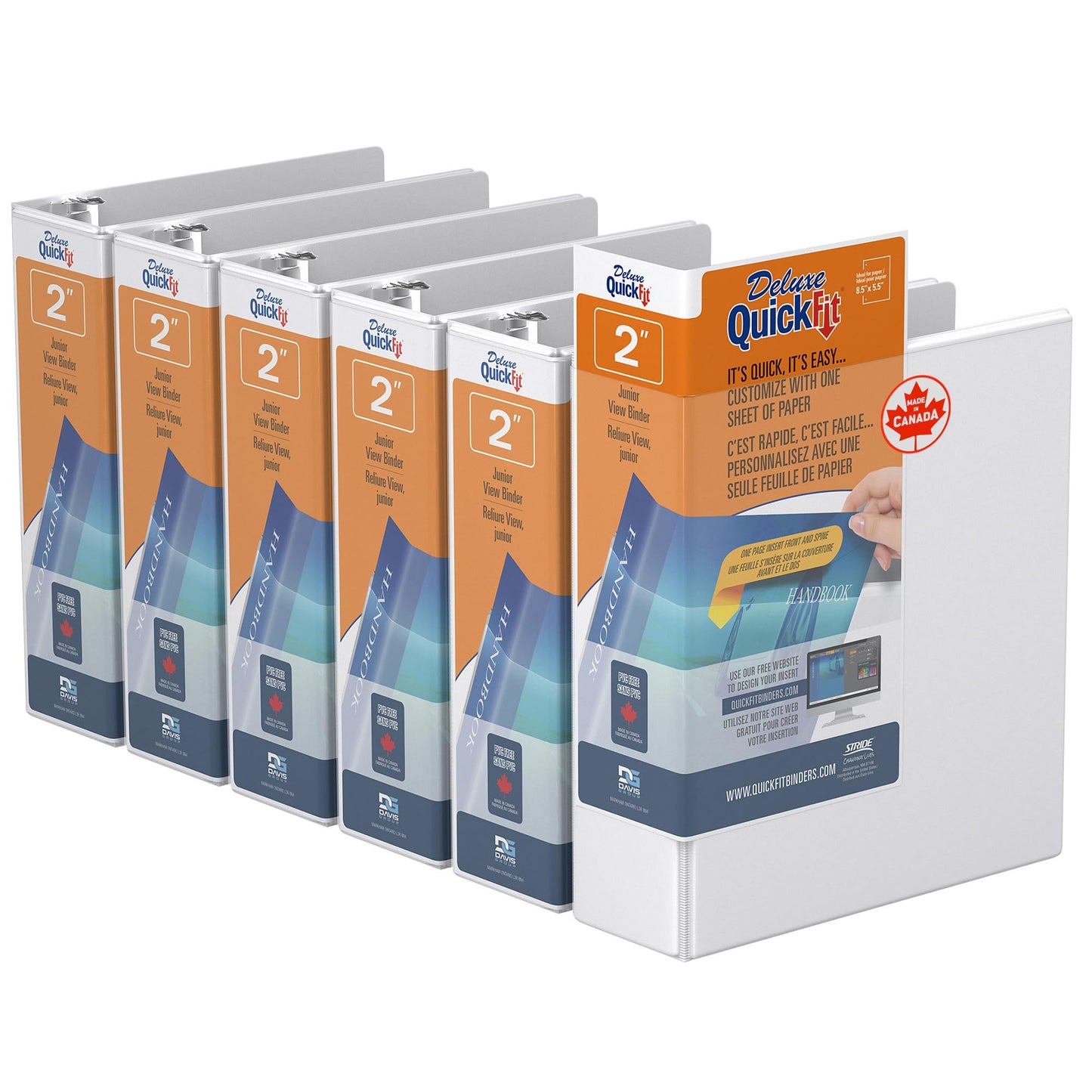 Davis Group QuickFit Junior Binder, Premium Small Clear-View 3-Ring Binder for School, Office, or Home, Made in Canada, 5.5" x 8.5", White, 6 Pack, 2 Inch