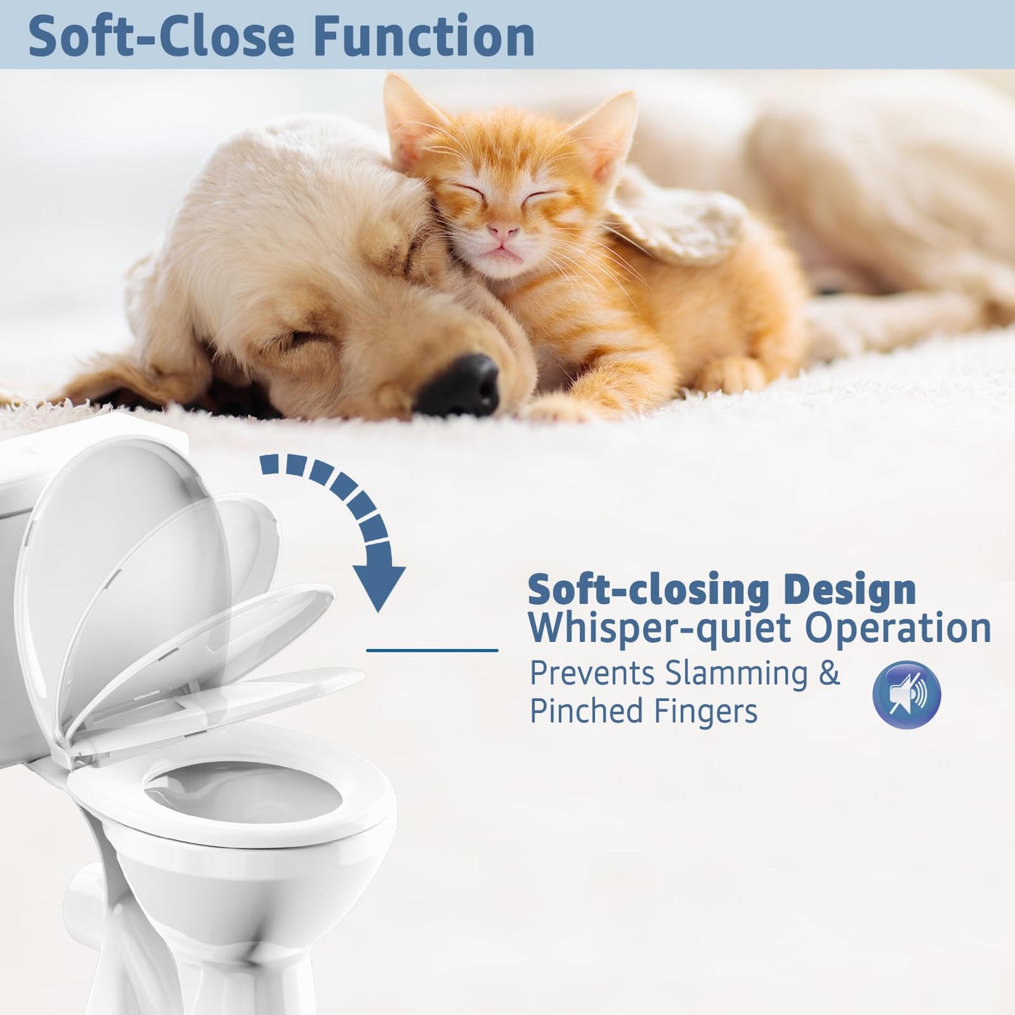 Toilet Seat Round 16.5 inch Soft Close, Toilet Lid Round PP Material Safe & Easy Clean & Quick Installation, Sturdy Accessories Never Loosen, 2 Years Support, White