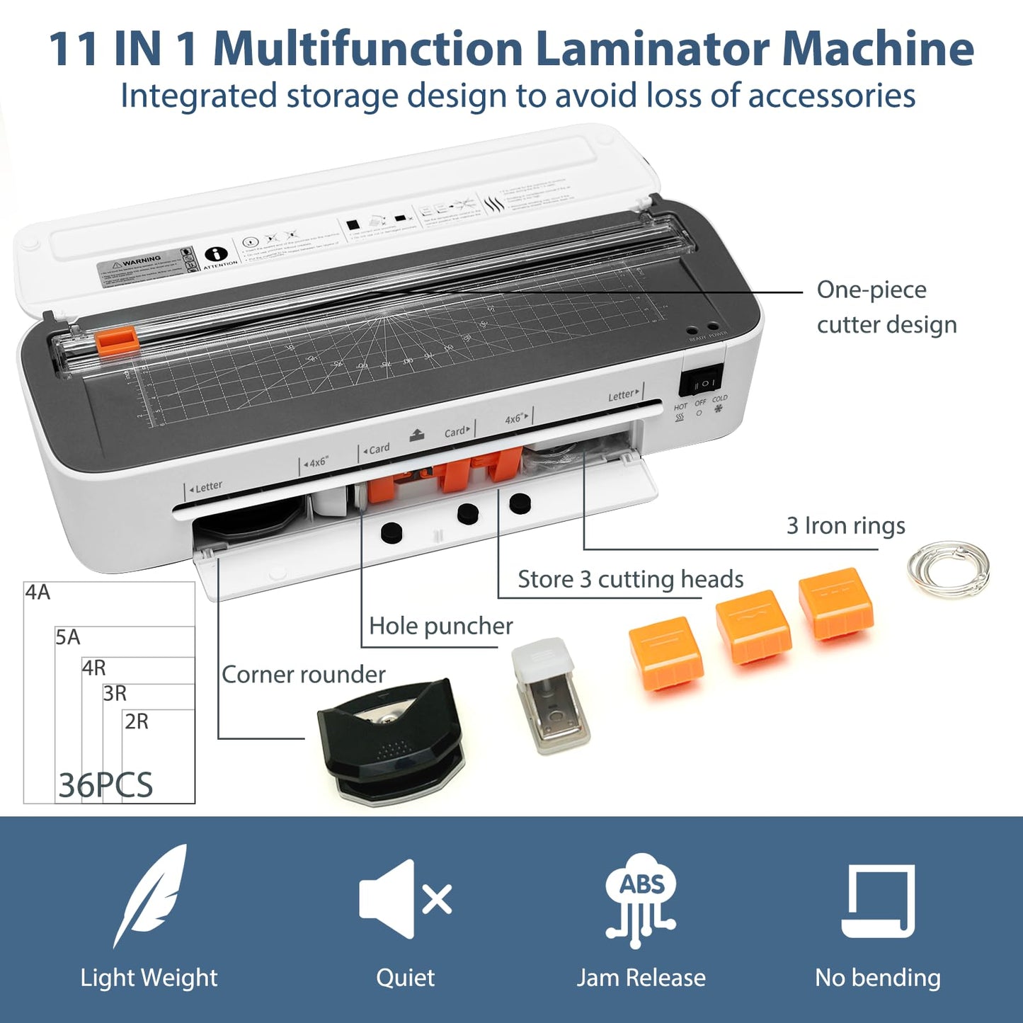 OidoZac Laminator Machine, 11 in 1 Laminating Machine with 36 Laminating Sheets, A4/Letter Size Desktop Thermal Laminator 2 Temperature Modes 3 Cutters Built-in Paper Trimmer for Office School Home
