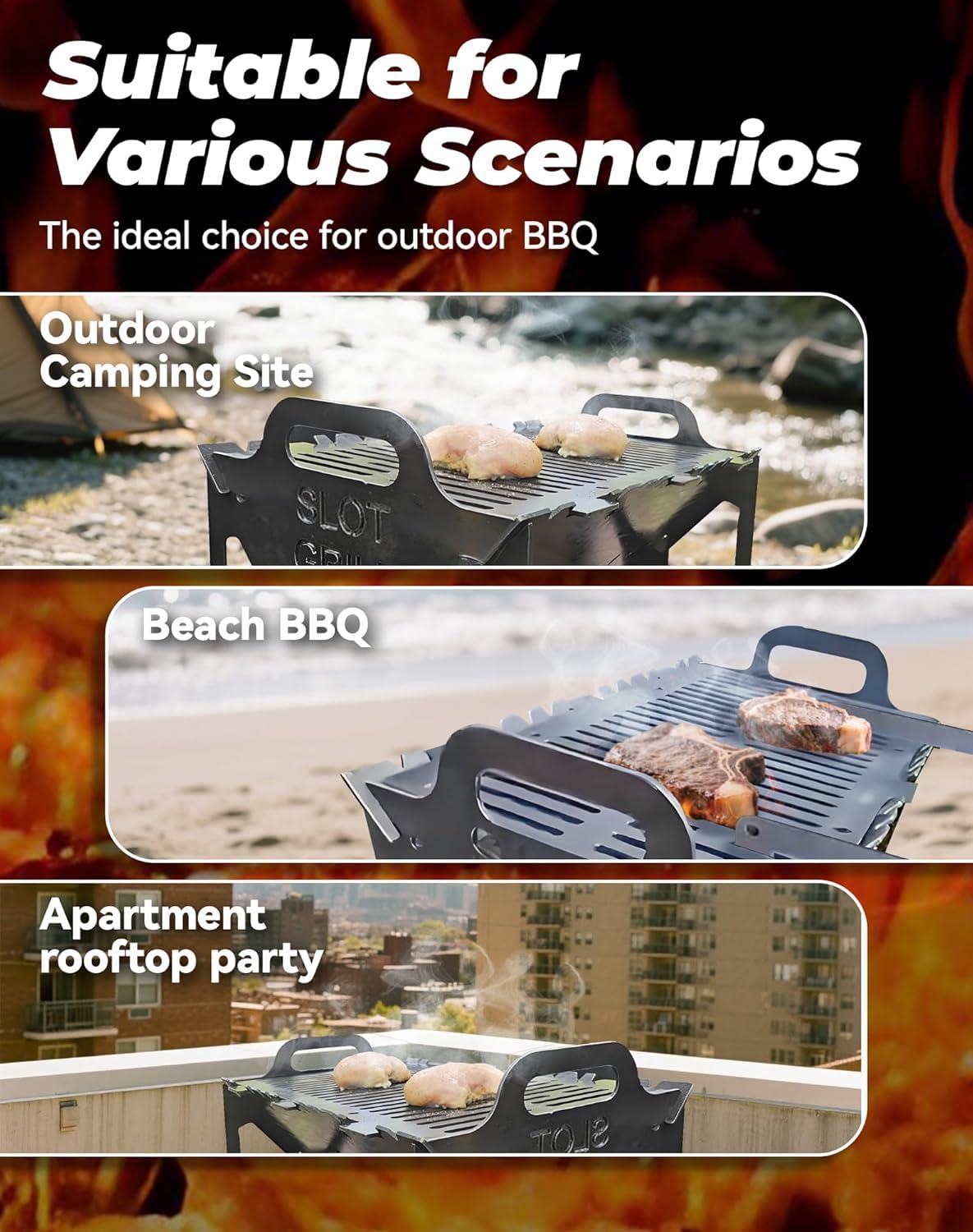 Slot Grill - Collapsible BBQ Grill for Easy Storage Steel, Charcoal Grills Quality Portable Detachable Folding, Camping Campfire Grills, For Patio,Adjustable Tool-Free Assembly (20 * 11 * 11.8in)