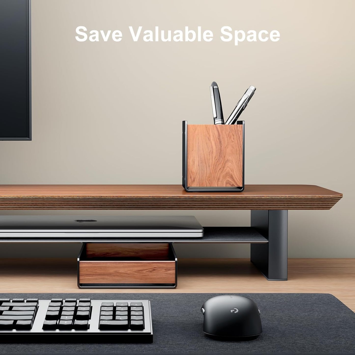 SHUOSUO Walnut Wood Desk Tray with Pen Holder Set, Natural Wooden & Aluminium Desk Office Draw Organizer Tray for Keys, Pen, Watch