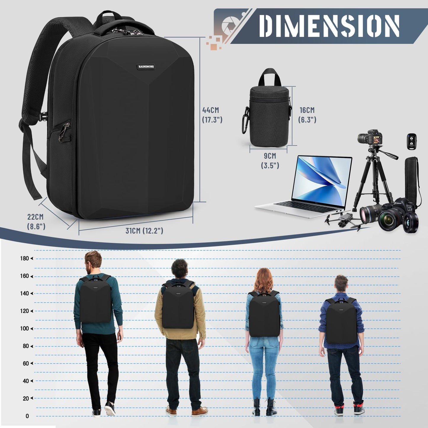 RAINSMORE Camera Backpack Hard Shell for DSLR/SLR Waterproof Camera Bag with Laptop Compartment 15.6 Inch Professional Camera Case with Rain Cover Photography Backpack Bag with Camera Lens Case Black