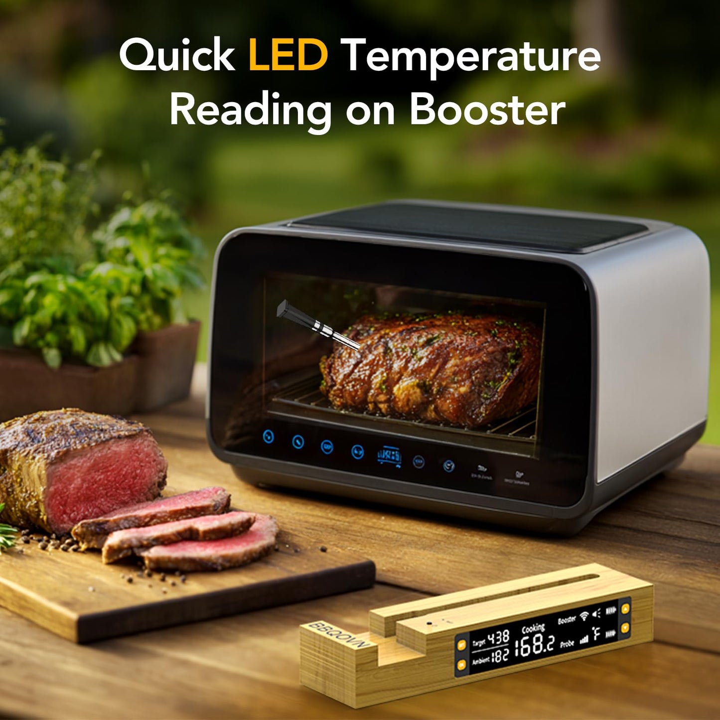 BBQOVN WiFi Bluetooth Wireless Meat Thermometer Unlimited Range, Check Temp Anywhere,7 NIST Certified Sensors with Ambient Temp, Monitor for BBQ, Grill, Oven, Smoker, Air Fryer (Black)