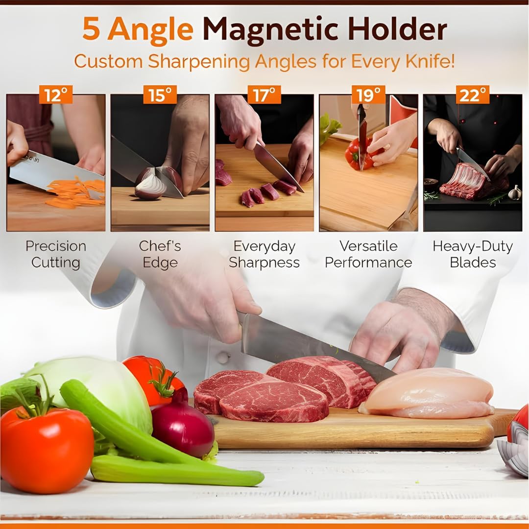 5 Angles Stainless Steel Rolling Knife Sharpener with 400, 1000 & 3000 Replacement Discs - Blunt Knife Sharpening Kit with 12°, 15°, 17°, 19° and 22° Sharpening for Kitchen & Chef's Knives