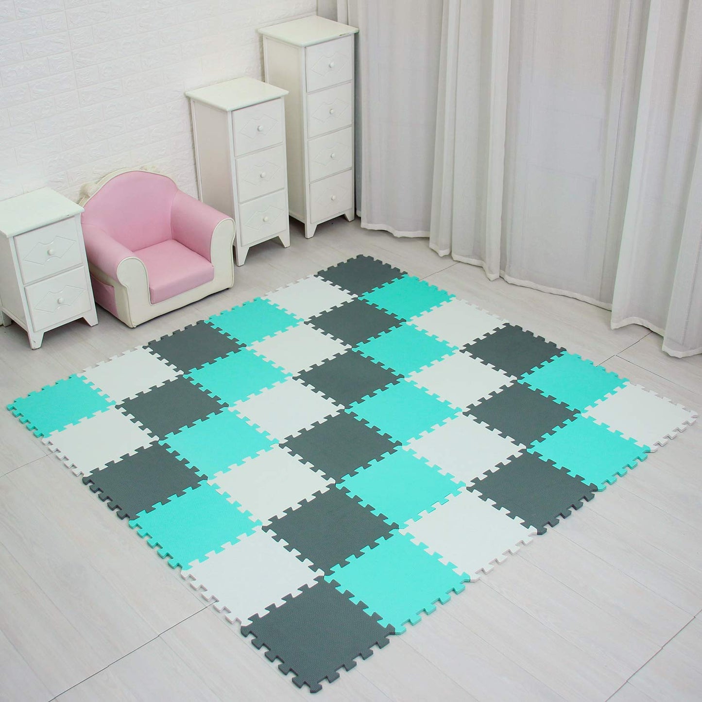 meiqicool Baby Play Mat with EVA Foam Interlocking Puzzle Solid Foam Play Mat for Baby- 18 Tiles Puzzle Floor Play Mat with Shapes & Colors 11.8"x 11.8"