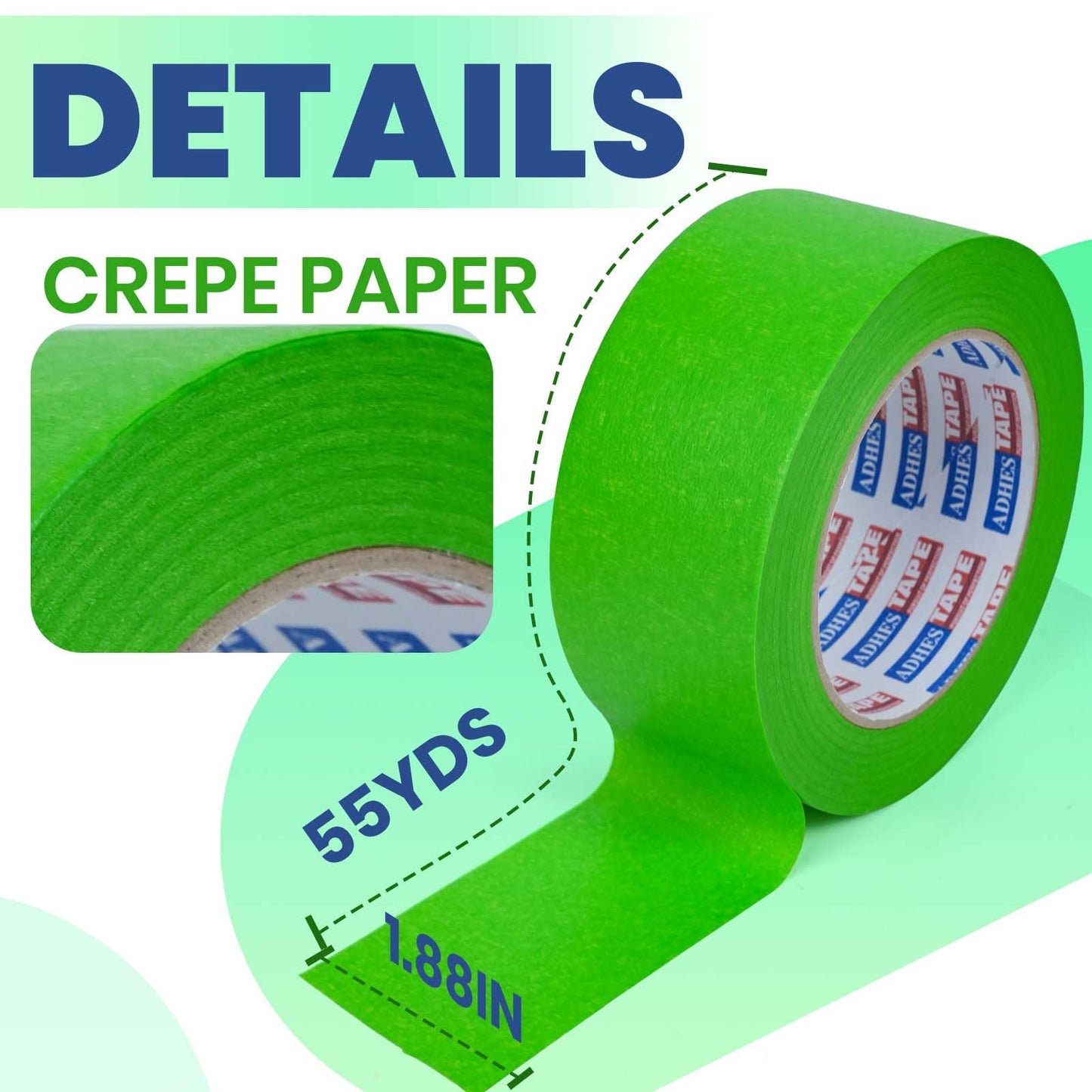 ADHES Green Masking Tape 1.88 Inch x 55 Yards – 5 Rolls, UV Resistant, No Residue, Multi-Surface Painters Tape, Automotive Masking Tape for Indoor & Outdoor, DIY, Arts, Crafts, Labeling