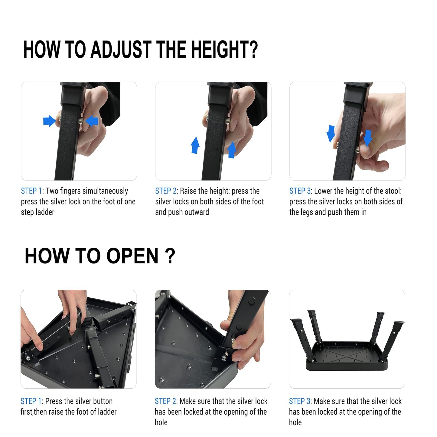 IKKAKOI Folding Step Stool, Height-Adjustable Step Stool with Non-Slip Platform, Step Ladder for Adults or Kids in Kitchen, Home, 500 Lbs Capacity(Black)