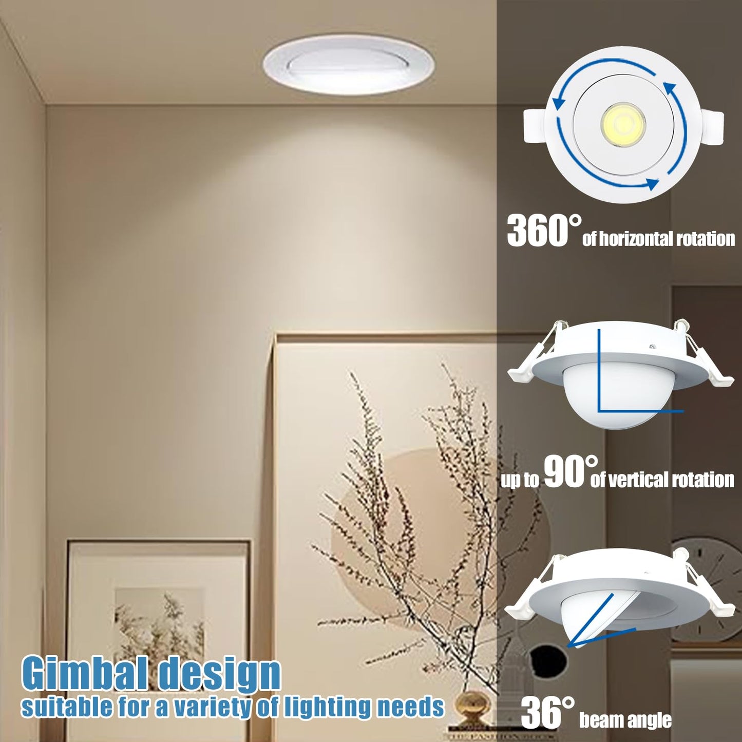 GCN LIGHT Gimbal 2700K/3000K/3500K/4000K/5000K Adjustable 3 Inch 6W 500LM Dimmable LED Recessed Pot Light, IC Rated LED Slim Panel/Downlight with Junction Box, (6 Pack)