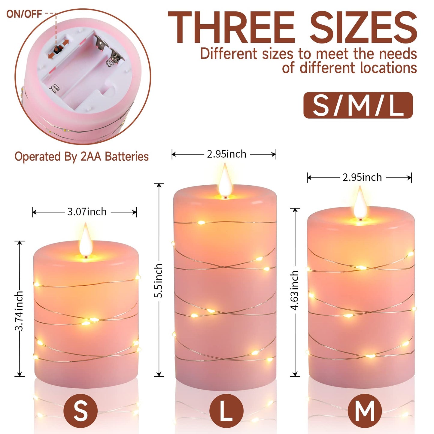 Upinmz Flickering Flameless Candles with Embedded String Lights, Battery Operated Candles with Remote Control and Timer,Flameless LED Candles for Home Decoration,Real Wax, Set of 3-Pink