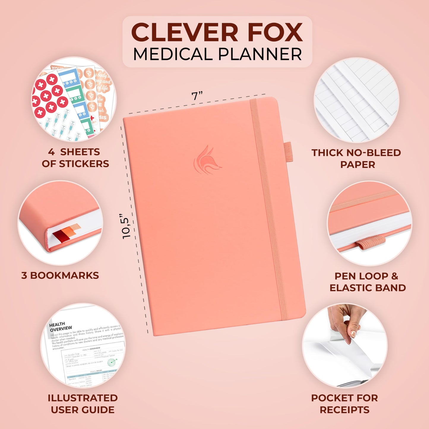 Clever Fox Large Medical Planner 12-Month – Medical Notebook, Health Diary, Wellness Journal to Track Health – 12 Months, 7x10.5″ (Light Pink)
