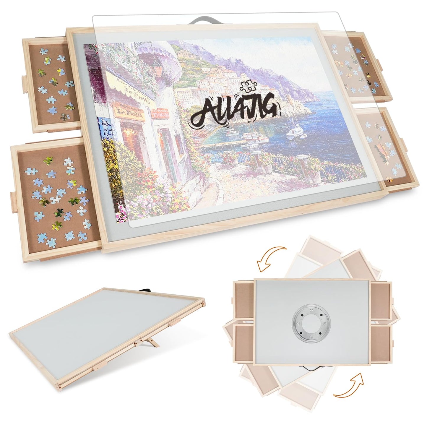 ALL4JIG 1500 Pieces 2-in-1 Tilting & Rotating Puzzle Board for Adults Gifts, Wooden Jigsaw Puzzle Table with 4 Drawers, Portable Puzzle Table with Lazy Susan and Cover, 26.4" x 34.4"