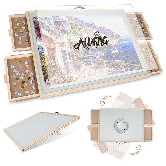 ALL4JIG 1500 Pieces 2-in-1 Tilting & Rotating Puzzle Board for Adults Gifts, Wooden Jigsaw Puzzle Table with 4 Drawers, Portable Puzzle Table with Lazy Susan and Cover, 26.4" x 34.4"