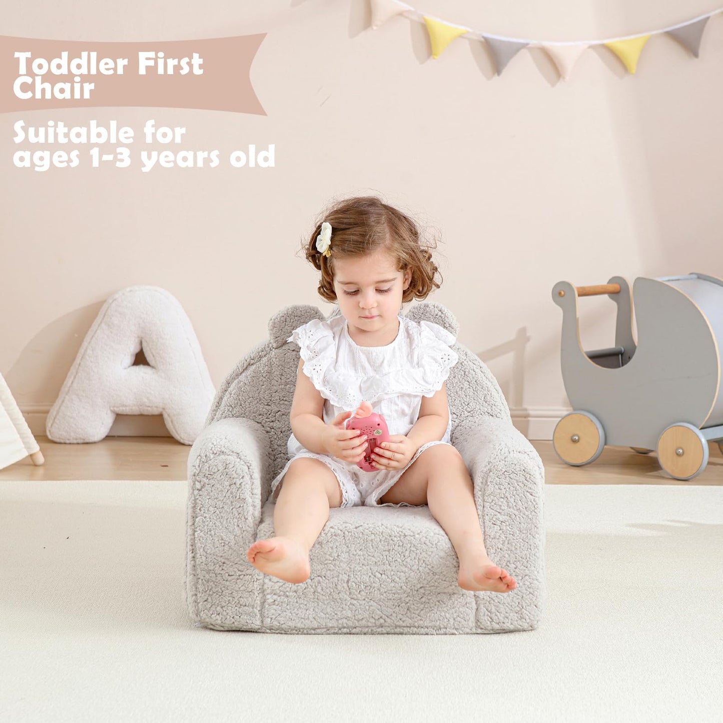 Kisdsa Toddler Chair,Sherpa Bear Toddler Couch Fold Out,Children Reading Chair,Flip Out Kids Couch,Kids Sofa Convertible for Age 1-3(Grey Bear)