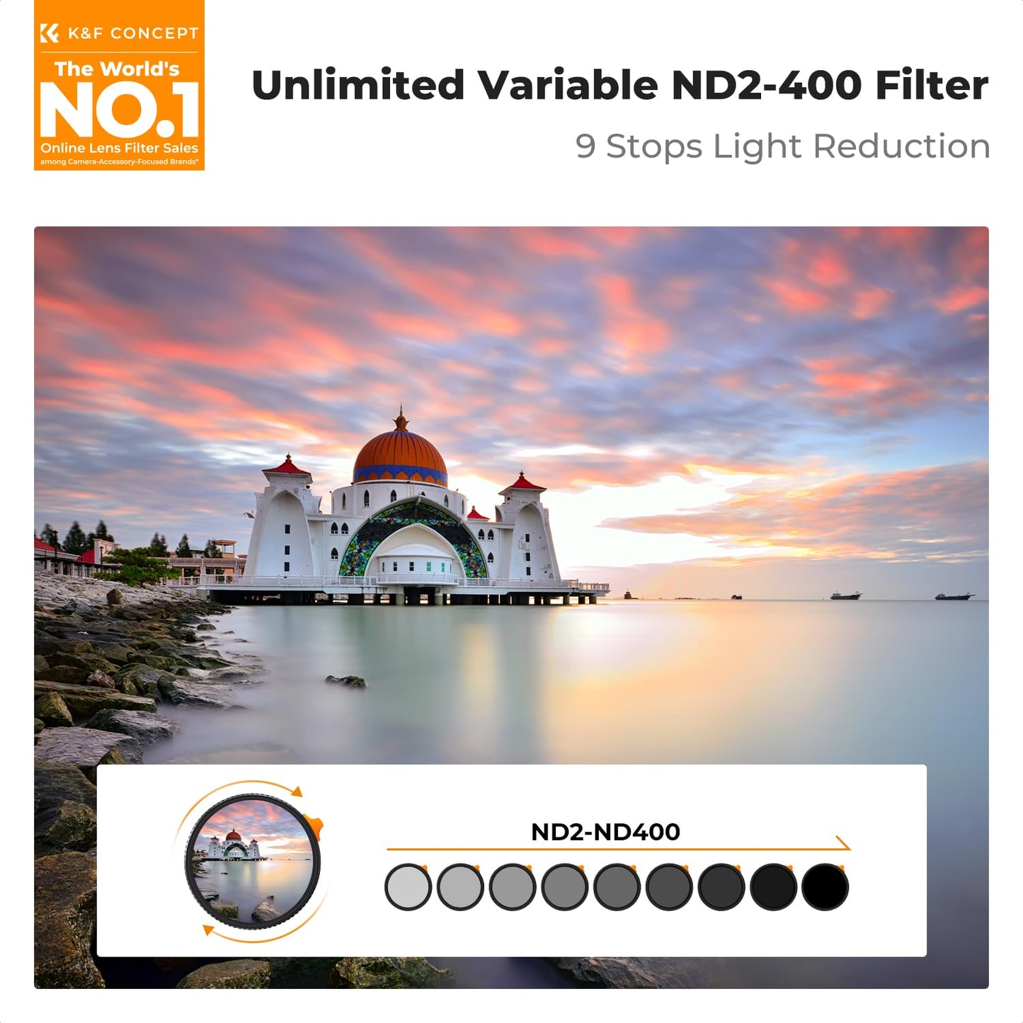 K&F CONCEPT 82mm Variable ND Filters ND2-ND400 (1-9 Stops) HD Adjustable Neutral Density 28 Multi-Layer Coatings AGC Glass Grey ND400 for Camera Lens (Nano-X Series)