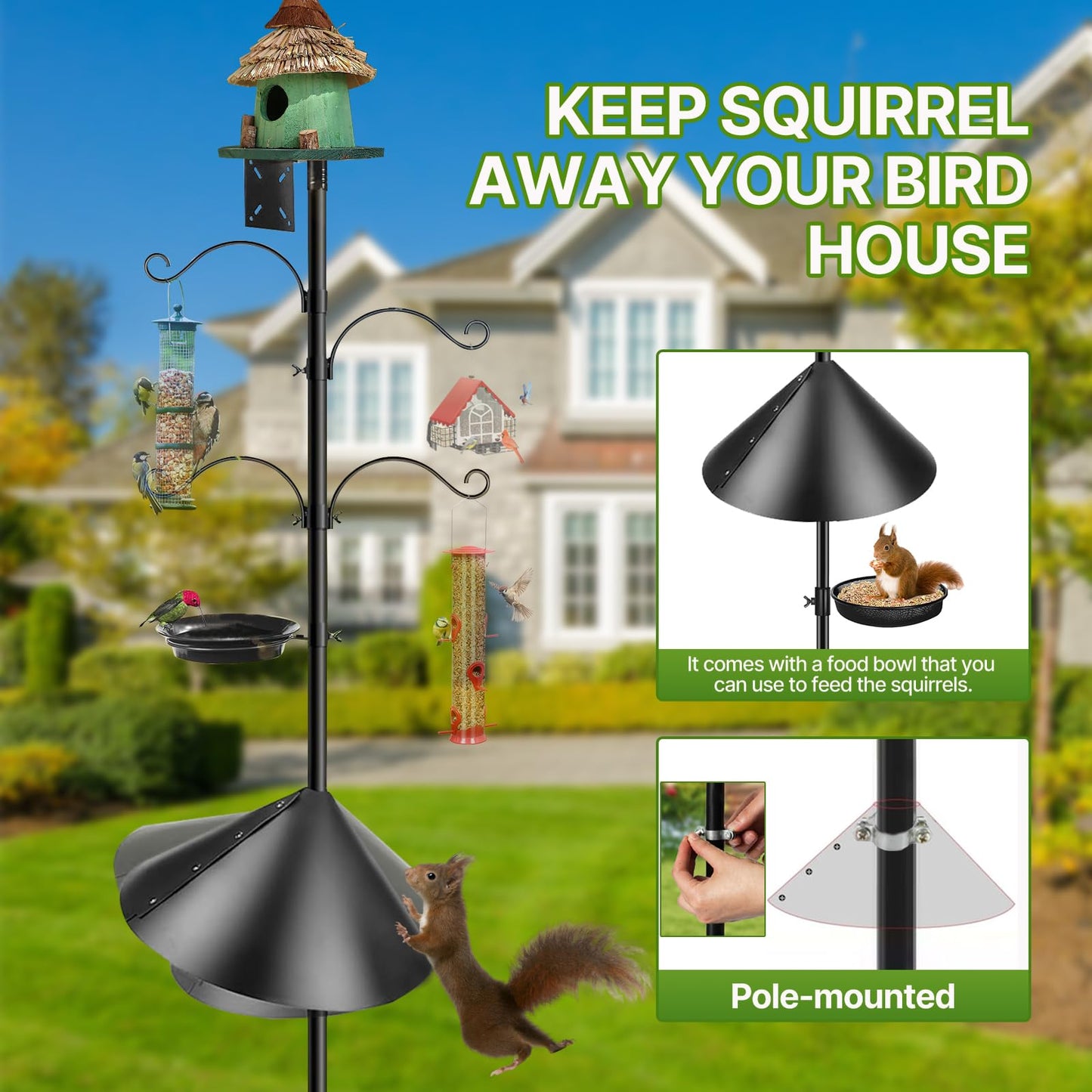 92 Inch Bird Feeder Pole Smart Bird Feeder Station Pole Heavy Duty with Squirrel Baffle for Outdoor Hanging Wild Birds Feeding Station for Backyard Garden Decoration (Black)