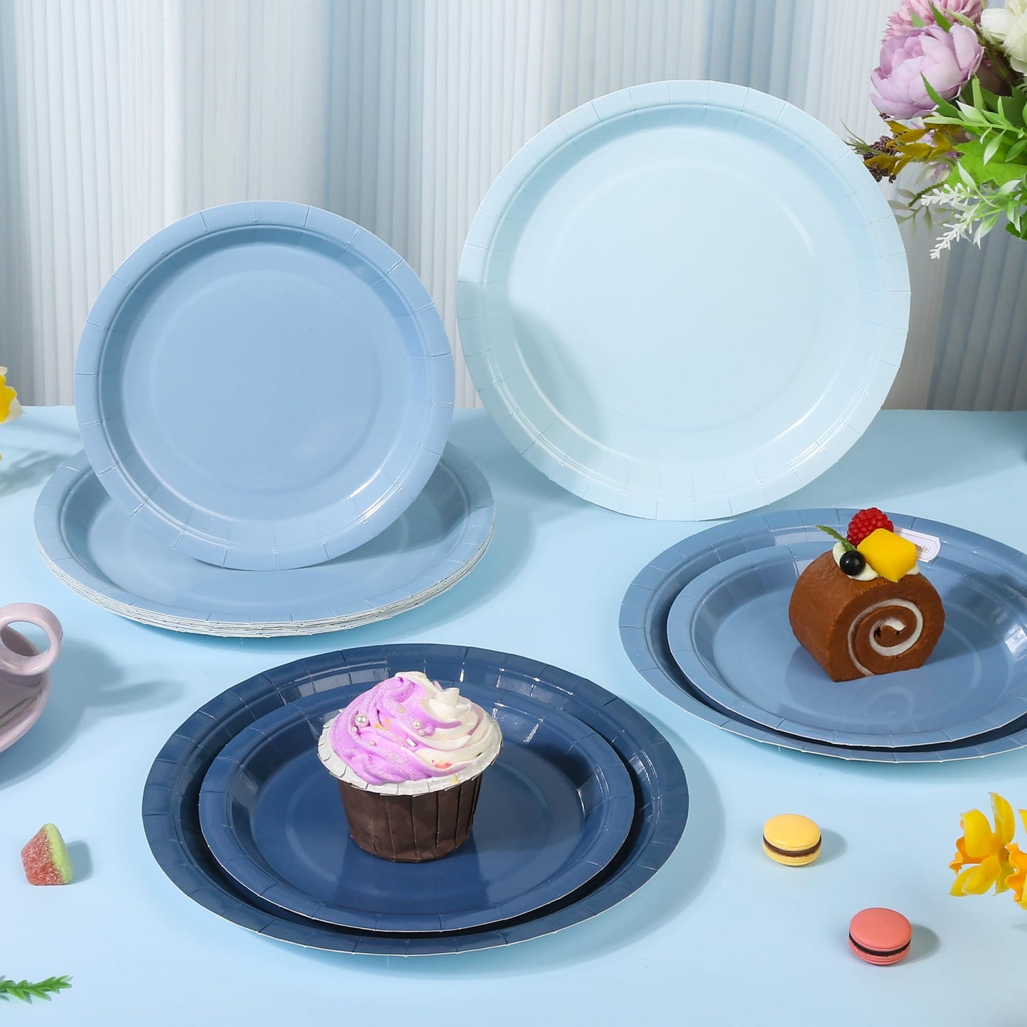 AimFun 96Pcs Dusty Blue Party Plates Gradient Colors Paper Plate 7 Inch 9 Inch Disposable Round Dinner Dessert Plates Set for Birthday Wedding Bridal Baby Shower Christmas Party Supplies