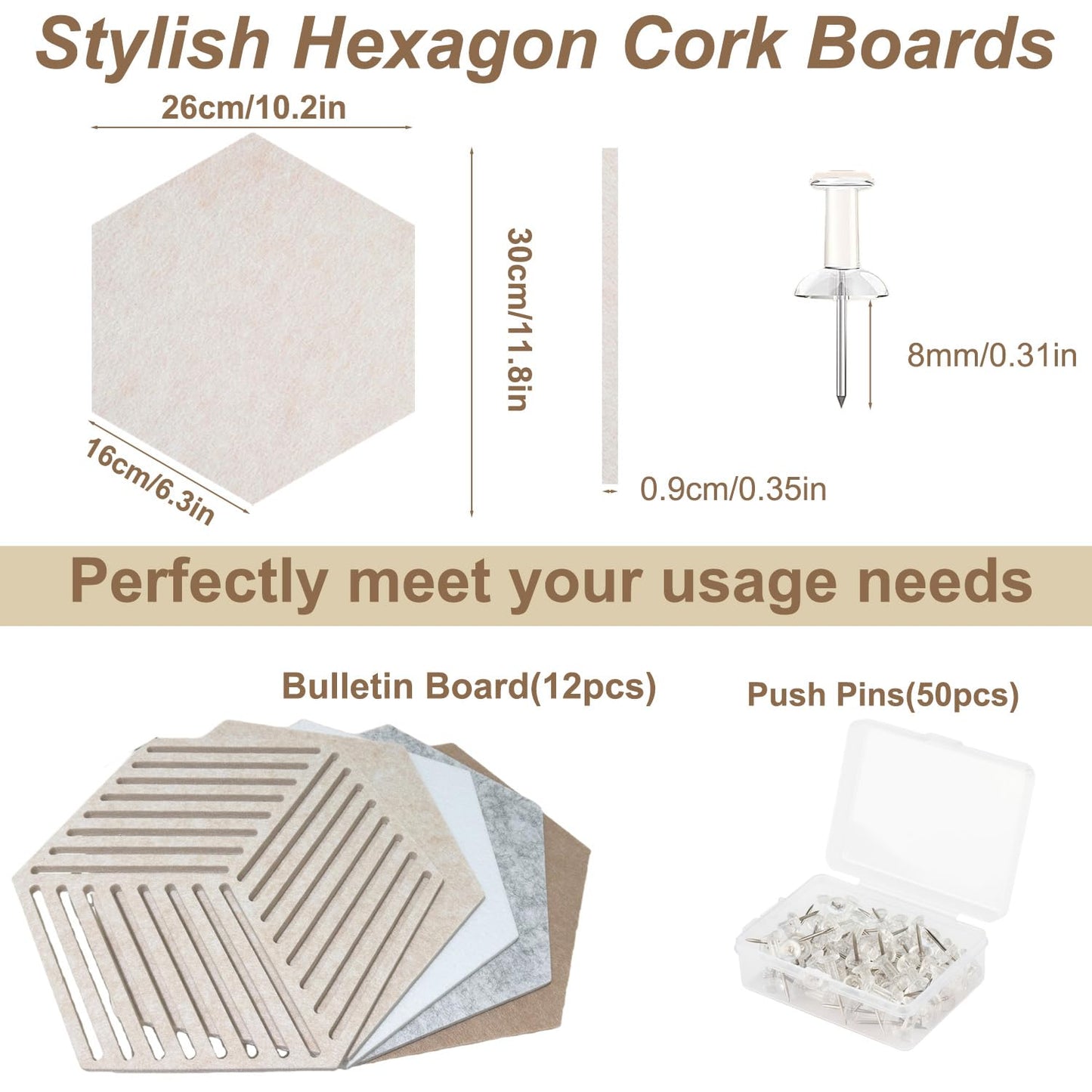 Acidea 12Pcs Hexagon Cork Boards for Walls, Self Adhesive DIY Bulletin Board Felt Cork Board Tiles with 50 Push Pins, Pin Boards for Office School Home Wall Decor Stickers Memos Photos Display