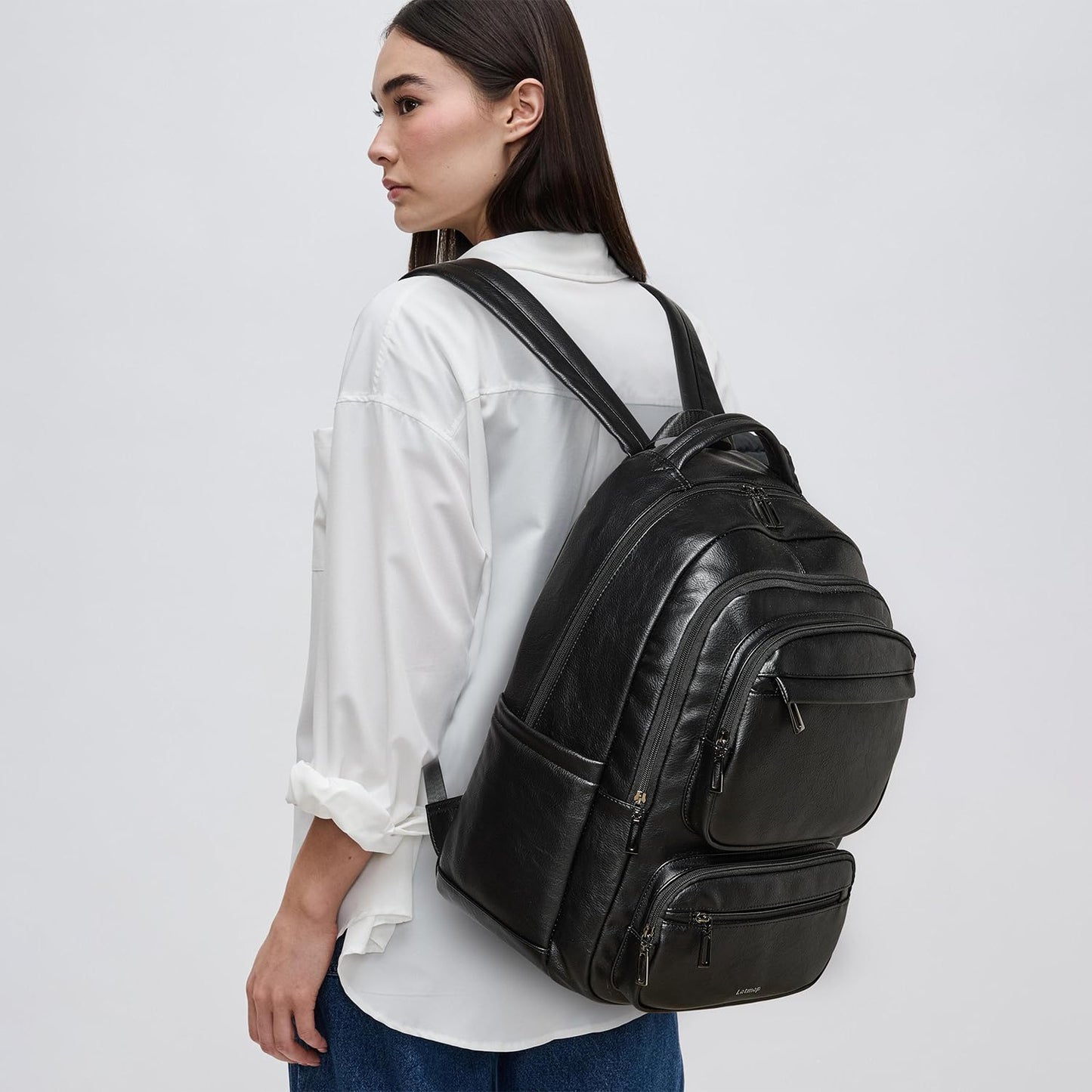 LATMAP 43L Backpack Purse For Women Leather Shoulder Diaper Bookbag Tote 17 16 15.6 Inch Laptop Bag Handbags For Travel Work College Large Black
